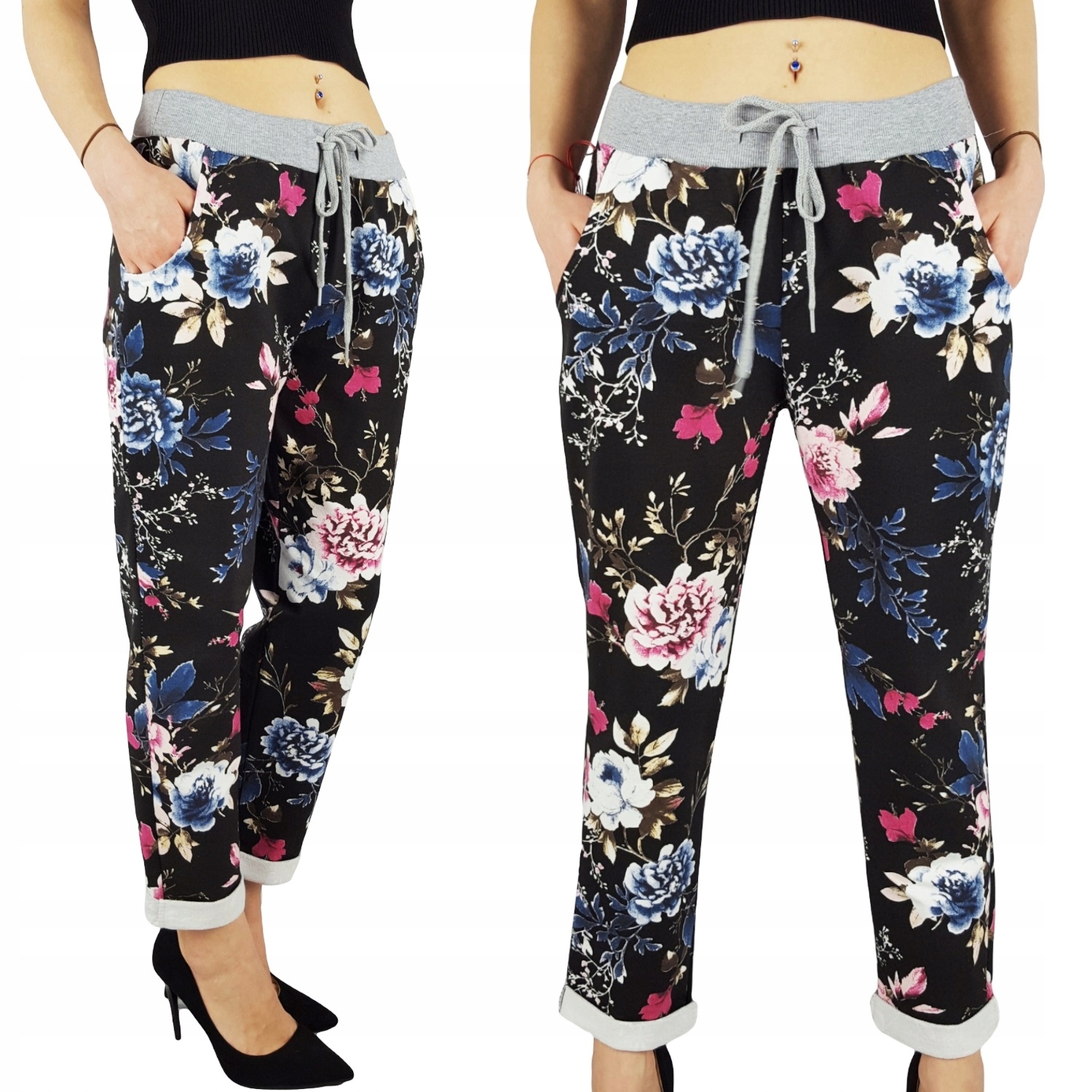 WYGODNE - SPODNIE - DRESOWE - KWIATY - Plus - Size