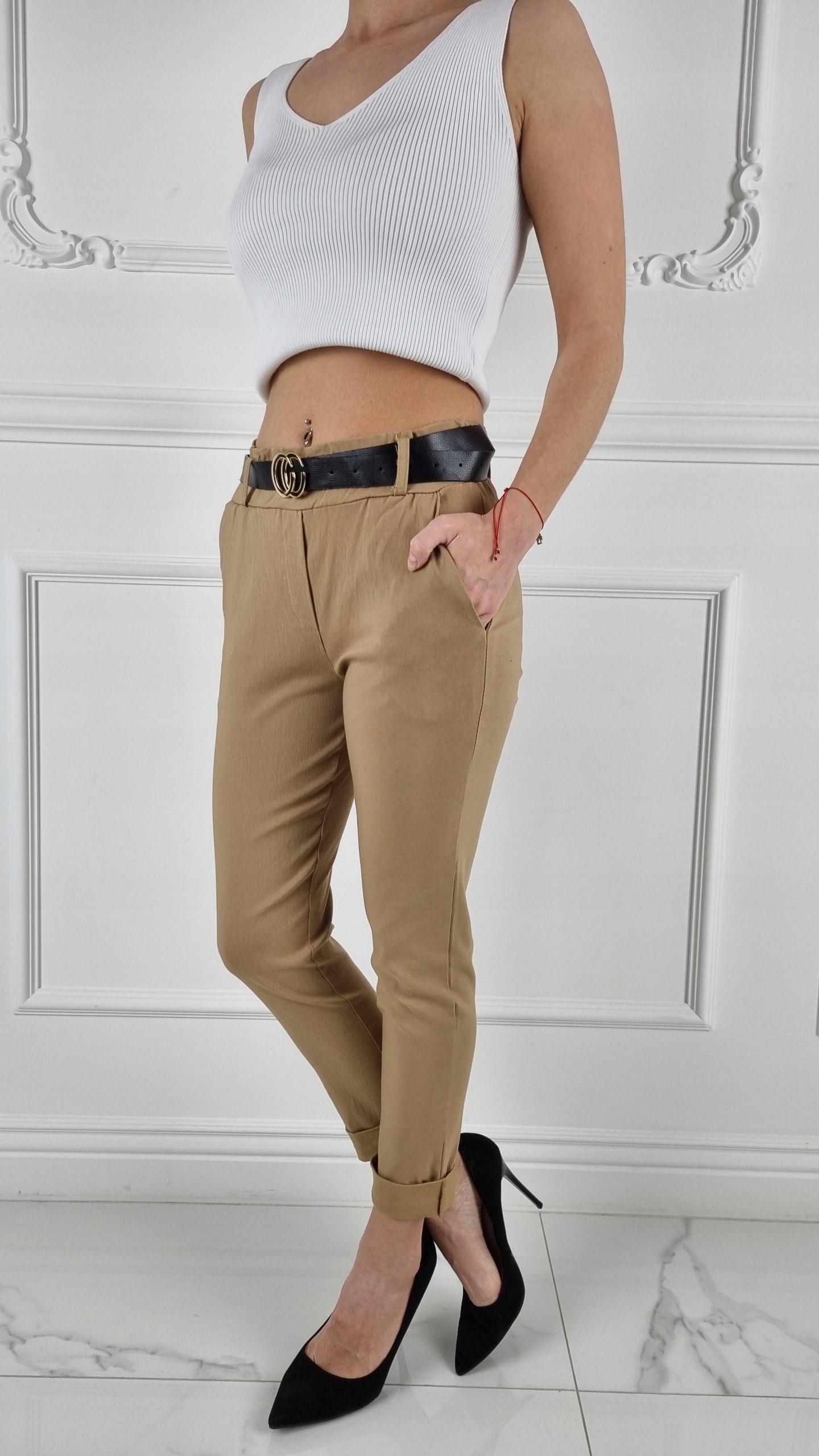 #ELASTYCZNE - SPODNIE - DAMSKIE - W GUMKĘ - PASEK# Zapięcie brak