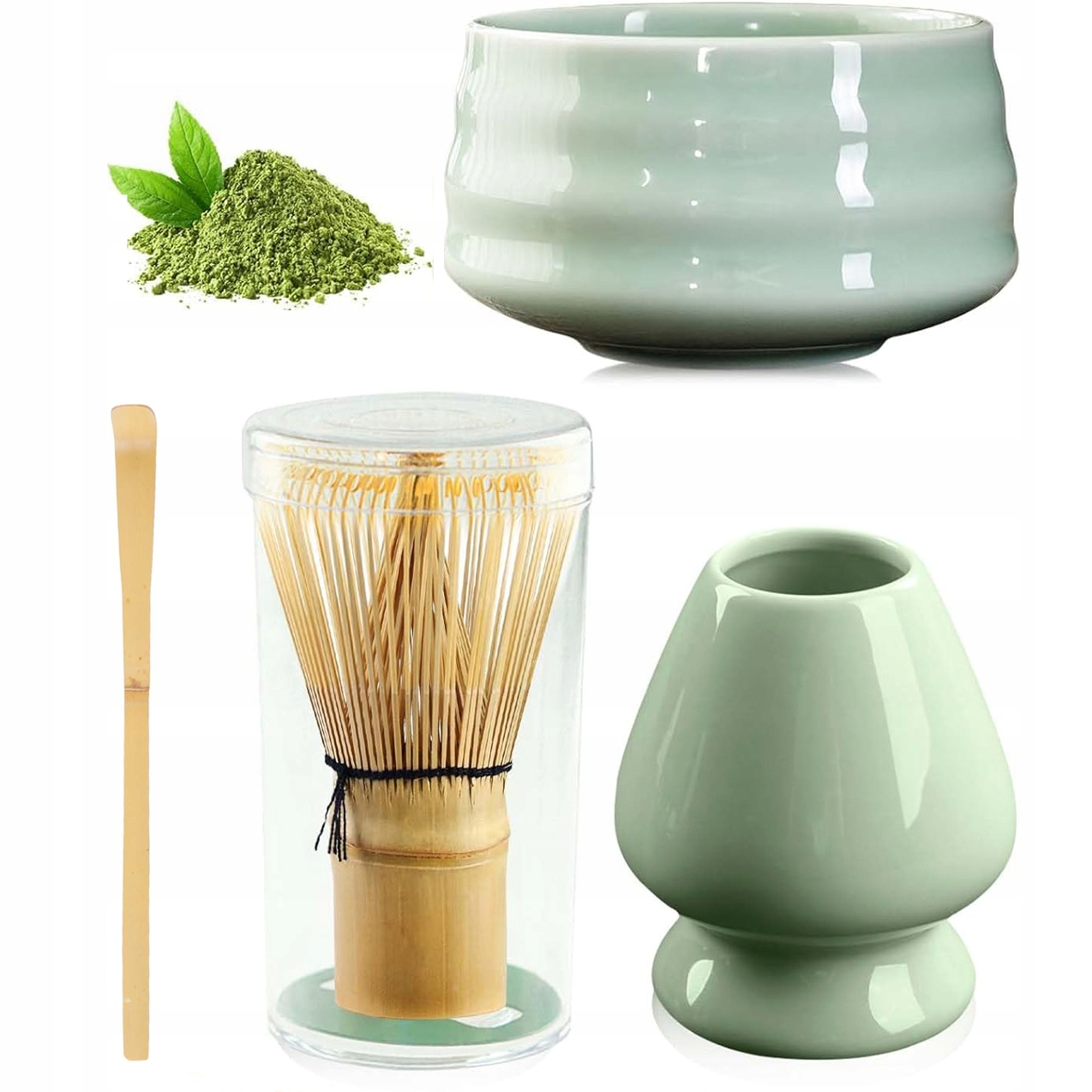 Bambusová metlička na matcha čaj lžička chashaku keramická miska (zelená, 4 kusy)