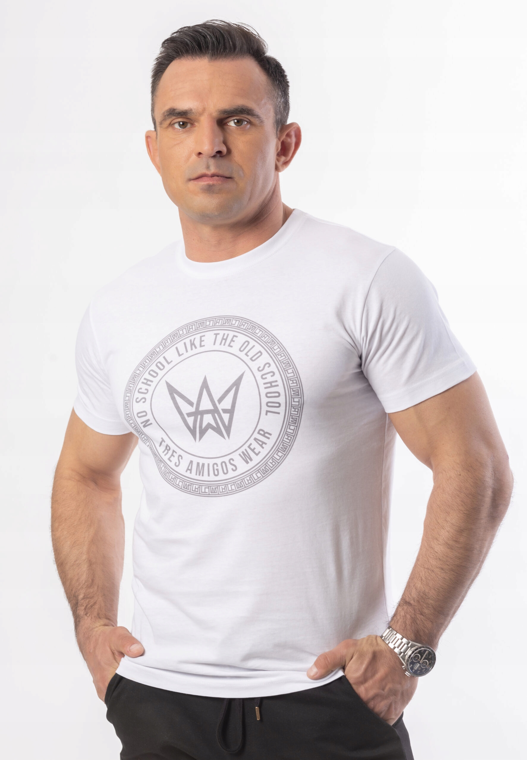 Biały T-Shirt Basic Slim fit z Szarym Nadrukiem
