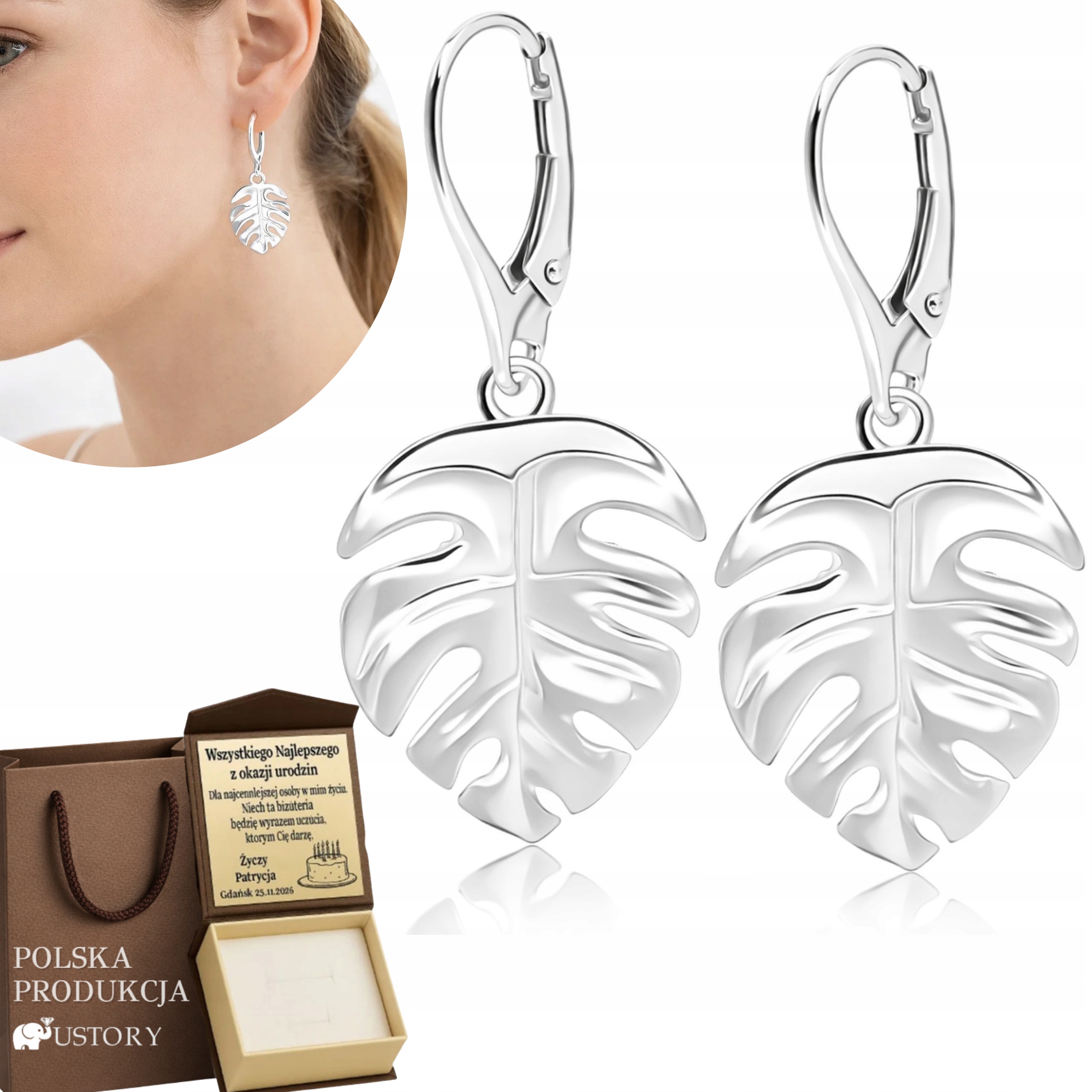 Stříbrné Náušnice Závěsné Listy Monstery Stříbro 925 Bižuterní Lístky Gravírování