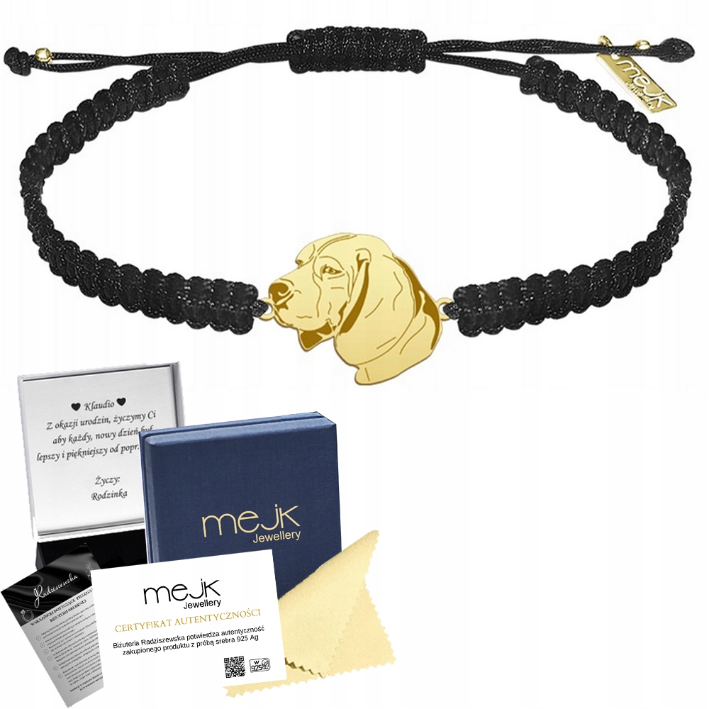 Zlatý náramek se psem plemene Beagle 925 Šperky Dárek Makramé Gravírování