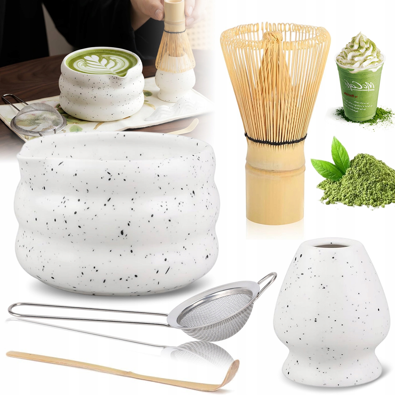 Levně Dárková Sada Na Čaj Matcha Šálek Metla Podstavec Lžička 5ER