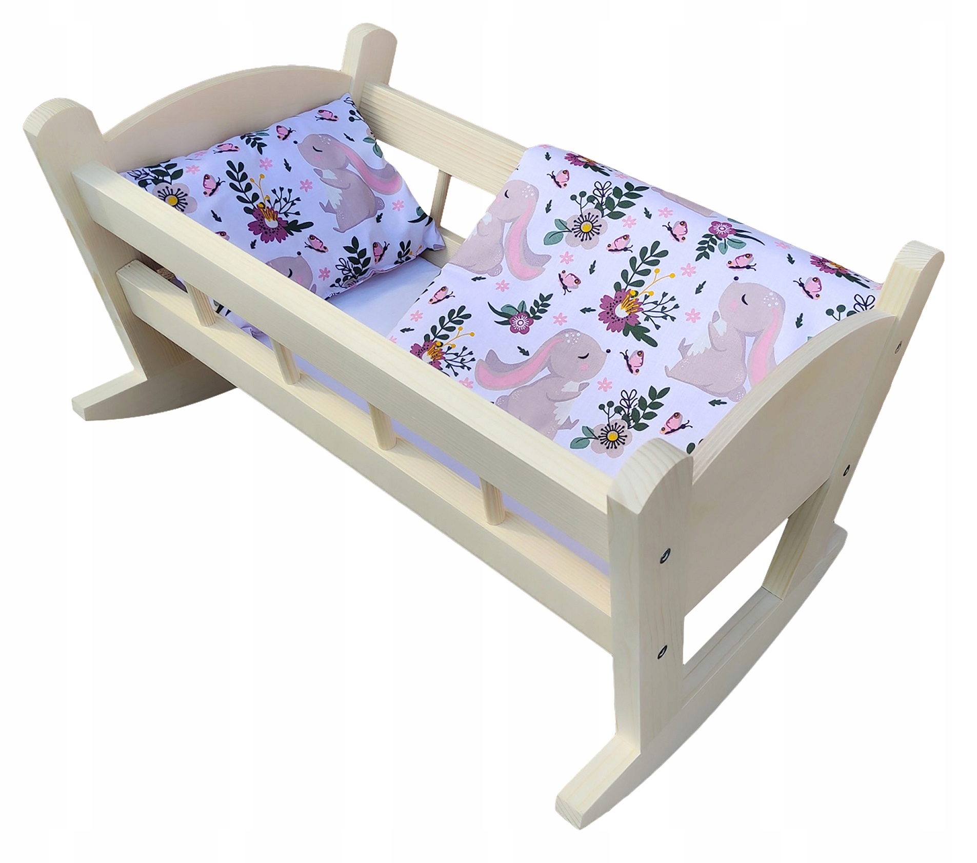 KOŁYSKA DREWNIANA dla lalek + POŚĆIEL 3 elementy