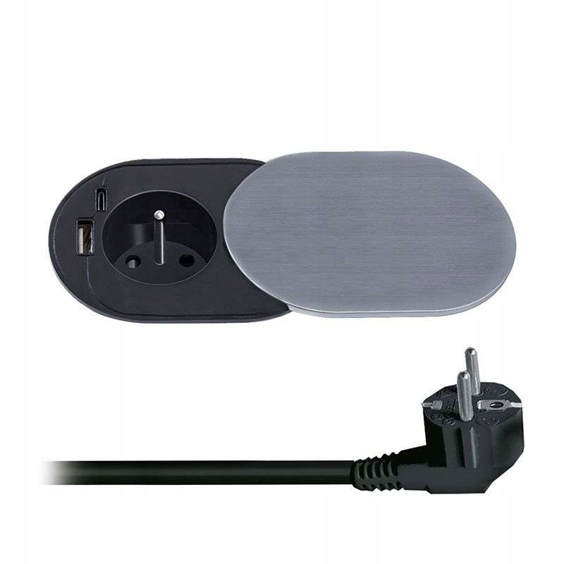 Solight 1z Usb A+c 20W Pd, vestavná zásuvka s víčkem, 2m, stříbrná