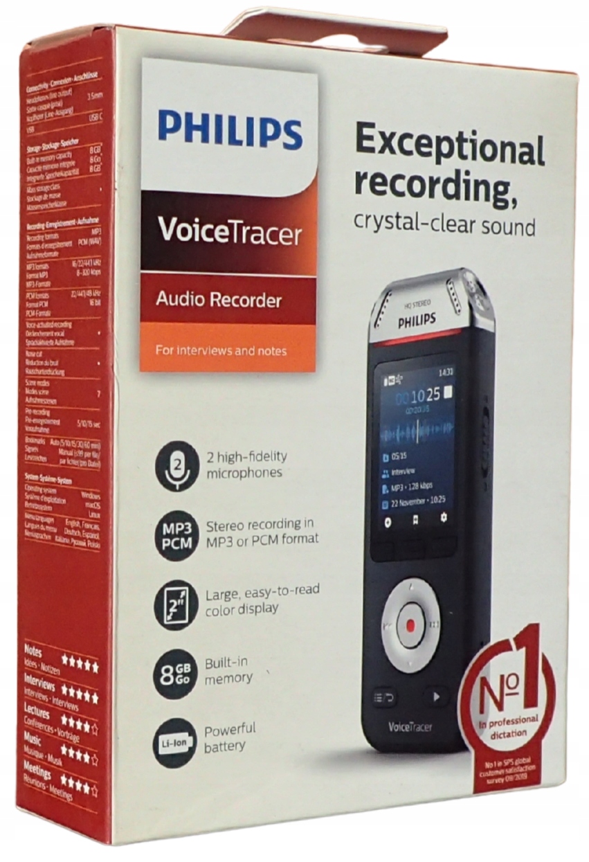 Dyktafon Cyfrowy Rejestrator Dźwięku Głosu 8GB MP3 Stereo Philips DVT2110