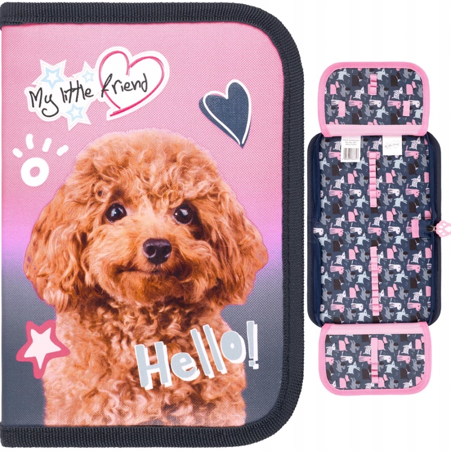 PIÓRNIK SZKOLNY ROZKŁADANY DWUKLAPKOWY DLA DZIEWCZYNKI MALTIPOO Z PIESKIEM