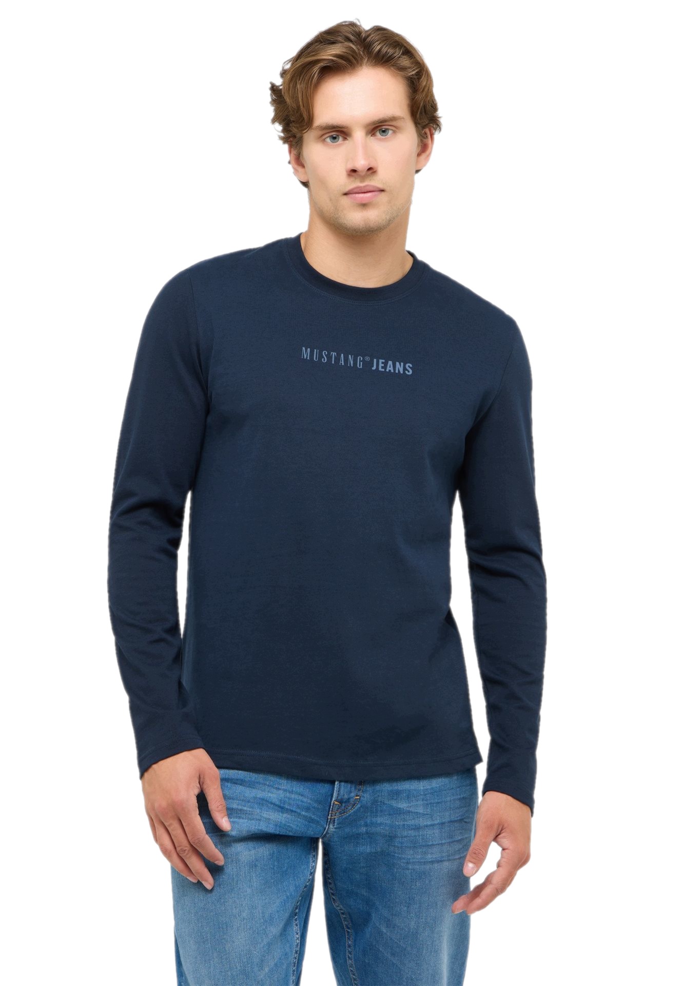 Mustang pánská tričko s dlouhým rukávem, tmavě modrá bavlněná longsleeve, velikost M