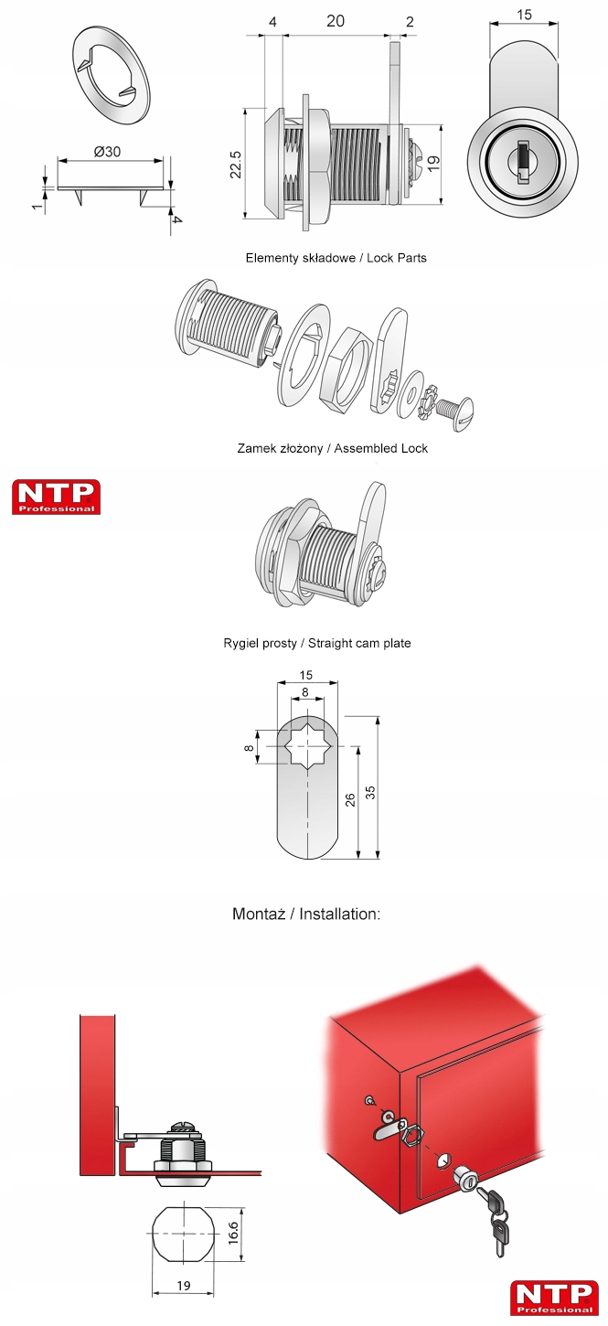 ZAMEK 19x20 NTP DO SKRZYNKI NA LISTY RYGIEL PROSTY Marka NTP
