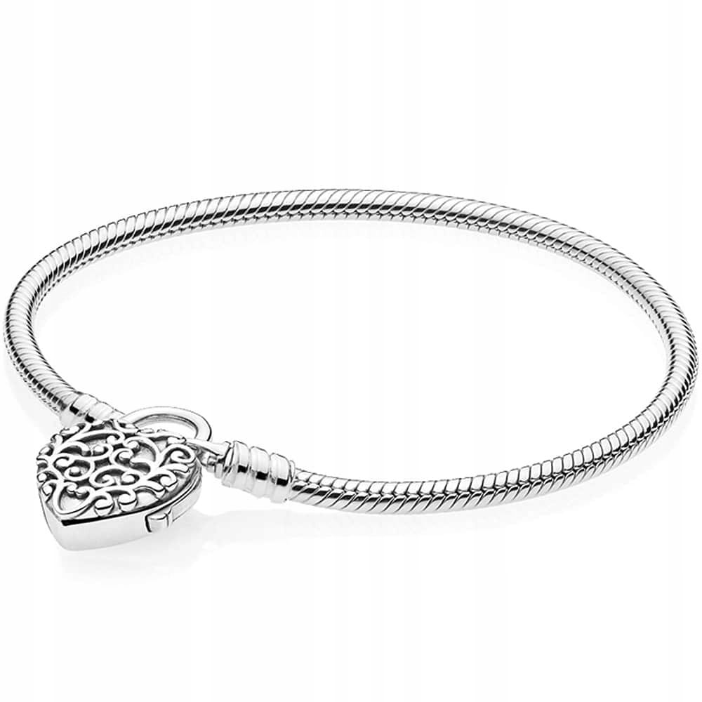 Stříbrný náramek 925 Modulární zmijka Srdce Vintage visací zámek 20 cm 15 g