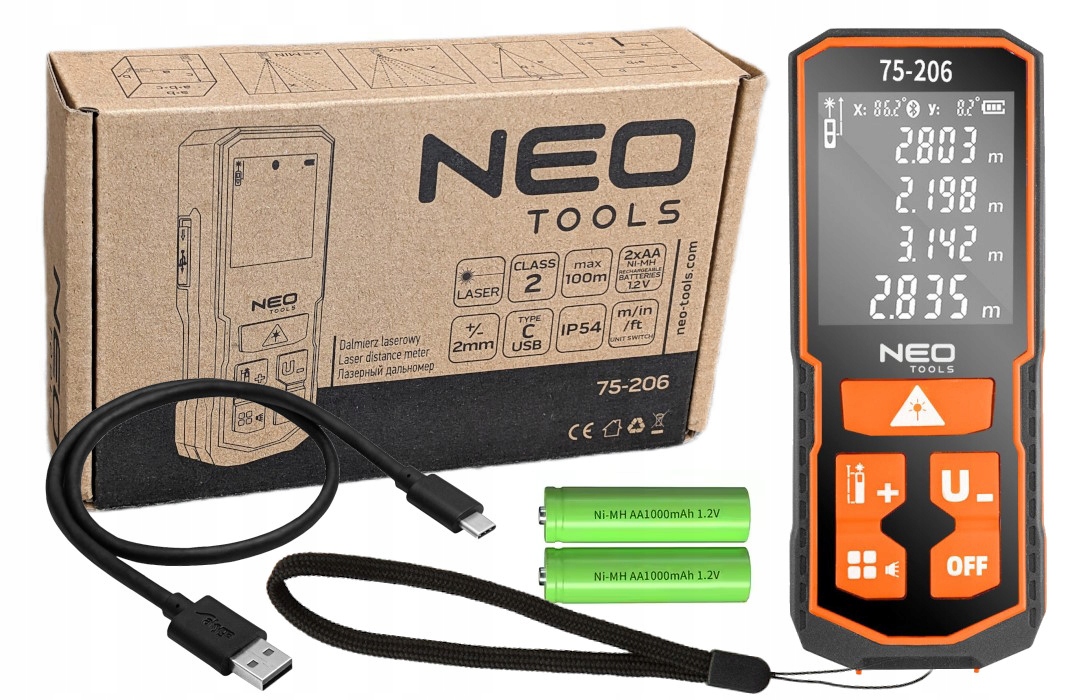 Laserový dálkoměr dosah 100 m IP54 akumulátorový Usb C Neo