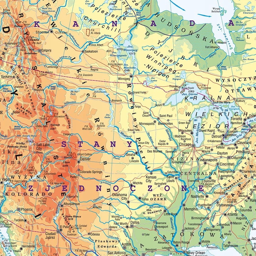 AMERYKA PÓŁNOCNA MAPA PODRĘCZNA PLANSZOWA FIZ/POL Tytuł Ameryka PN 1:18 000 000 mapa pol.i fiz. ścienna