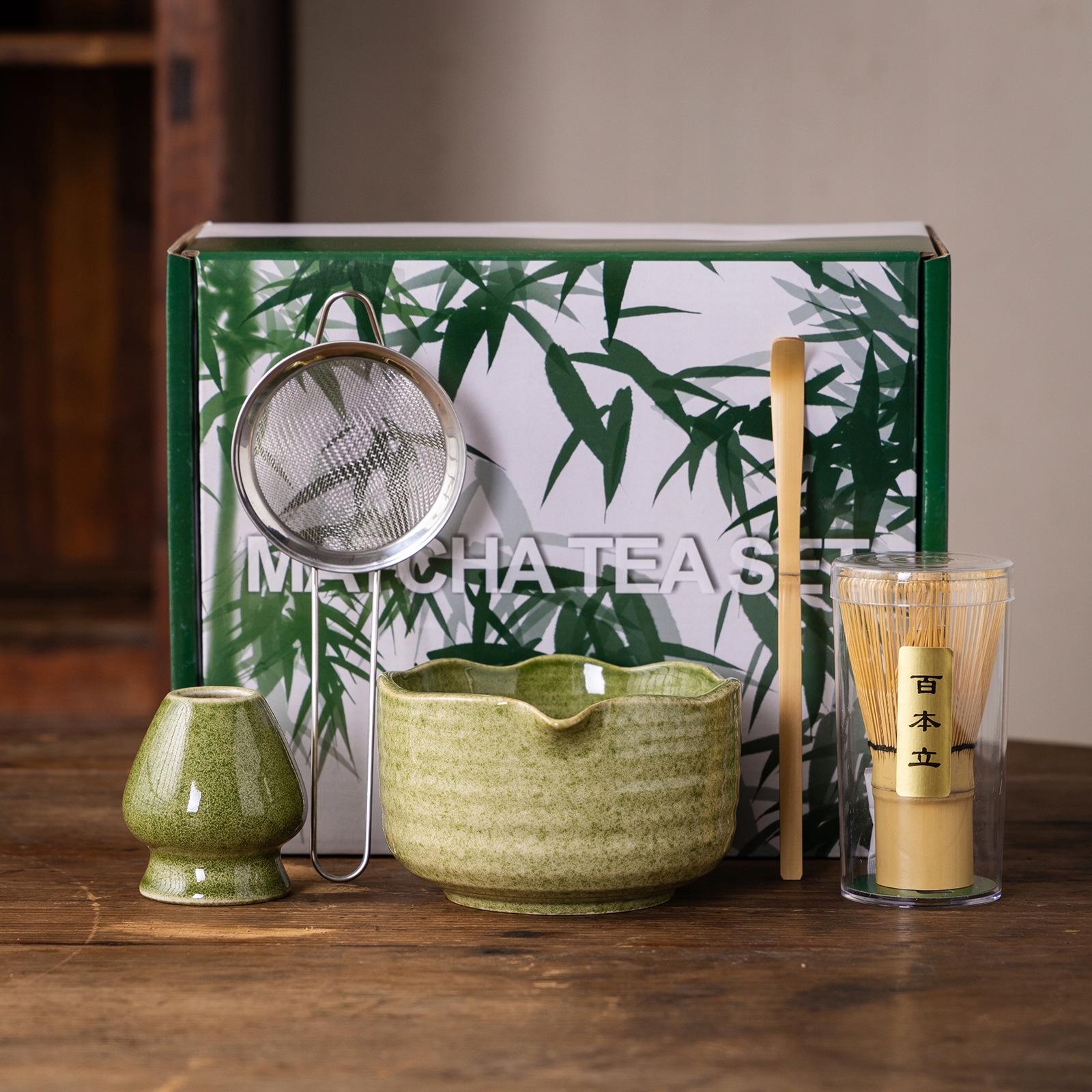 Levně Bambusová Sada Na Výrobu Matchy Šlehací Metla Lžíce Prosévač Matcha 5EL