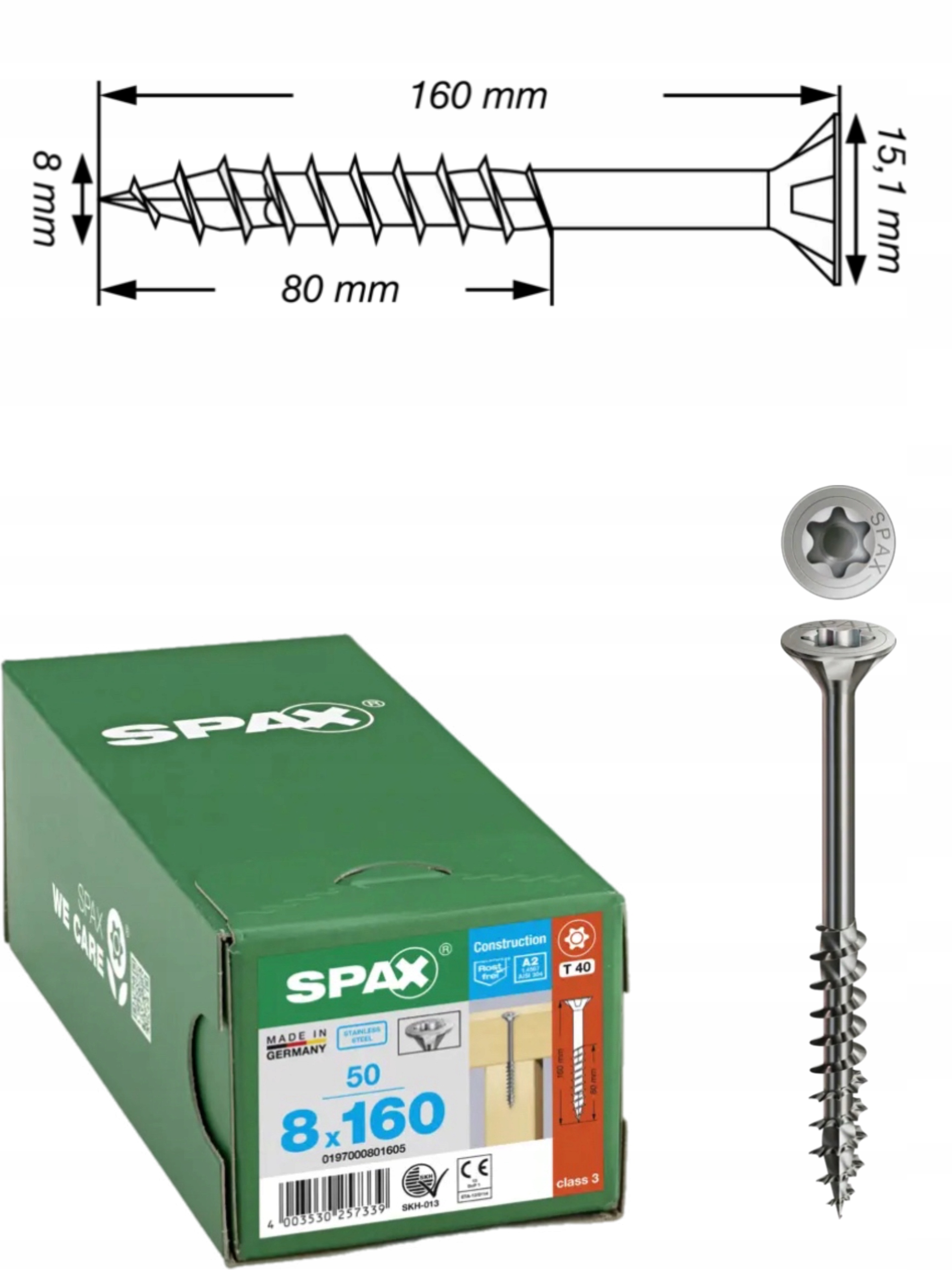 Univerzálna skrutka do dreva spax ušľachtilá oceľ 8 x 160 A2 Tx 50 ks
