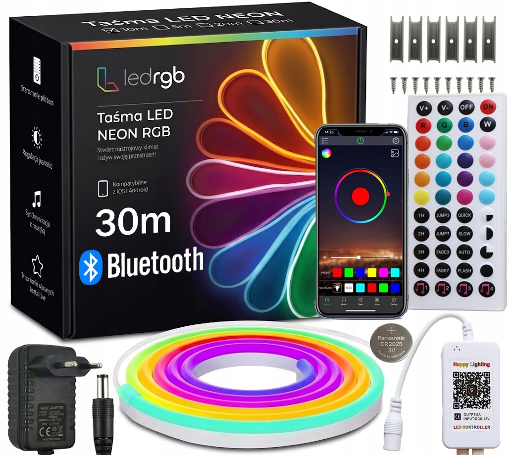 Set Led Pásek Neon 30M Rgb 2x15m Bluetooth Aplikace Dálkový Ovladač Napájecí Zdroj IP67
