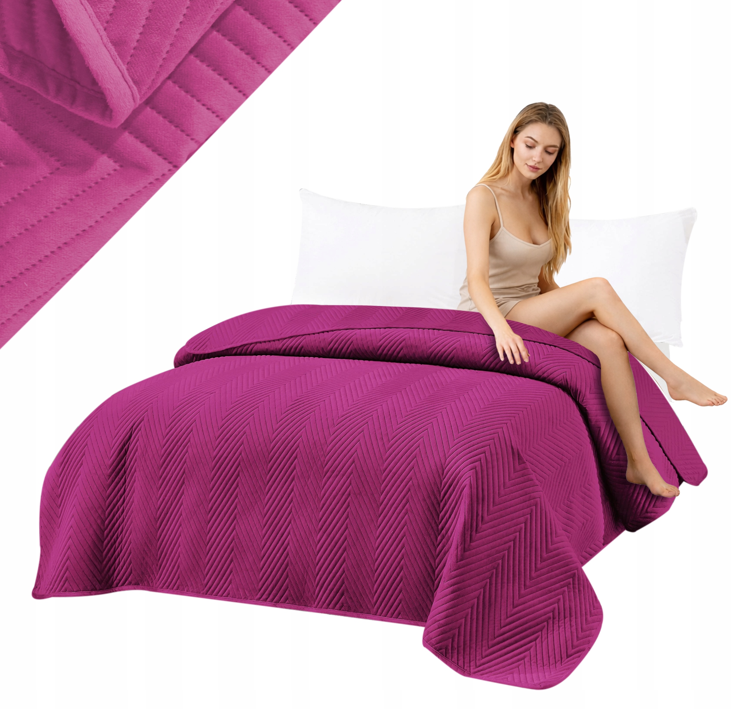 Narzuta 220x240 Na Łóżko Welurowa Fuksja Pikowana Jodełka