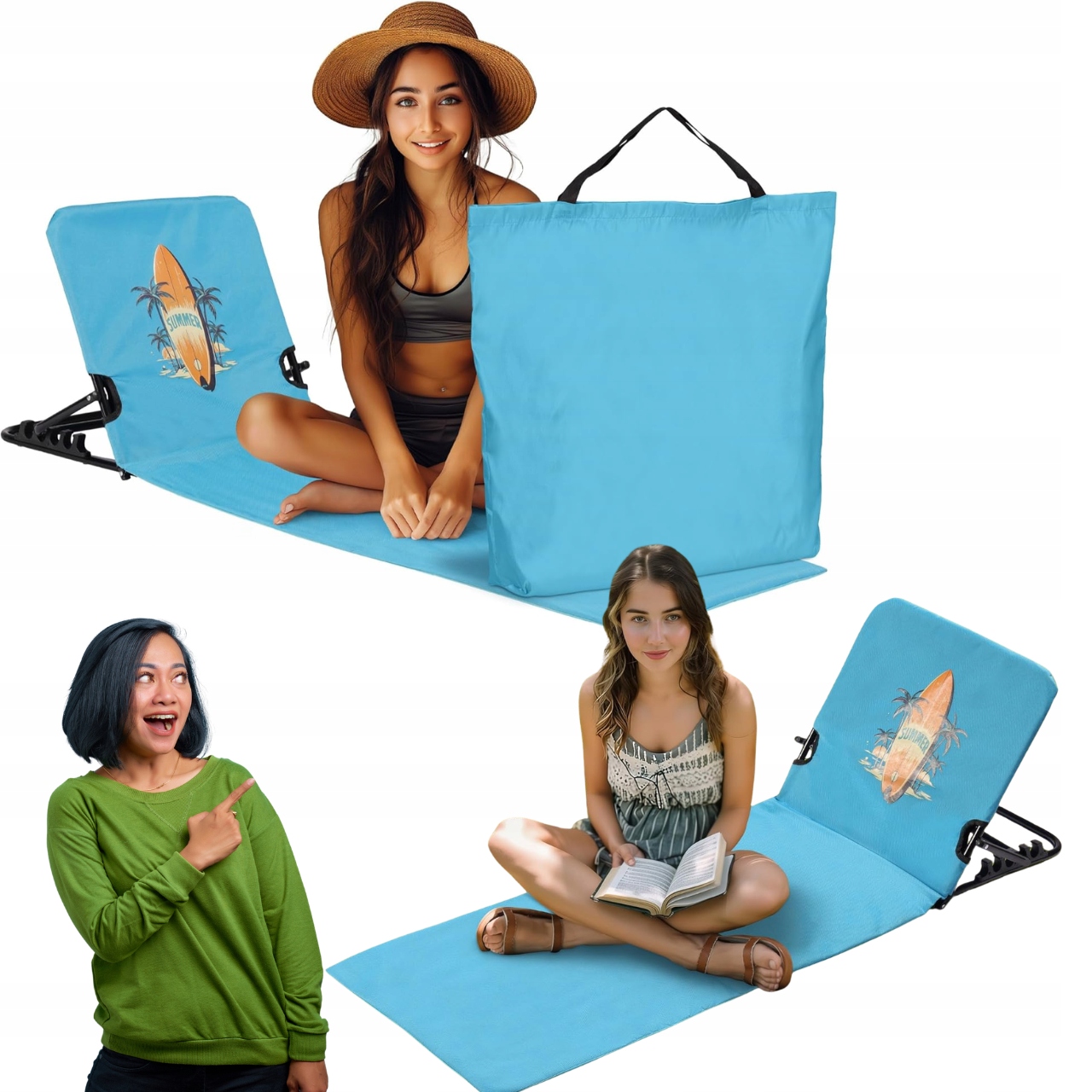 Mata plażowa leżak z oparciem Jemidi 145×47 cm praktyczna niebieska