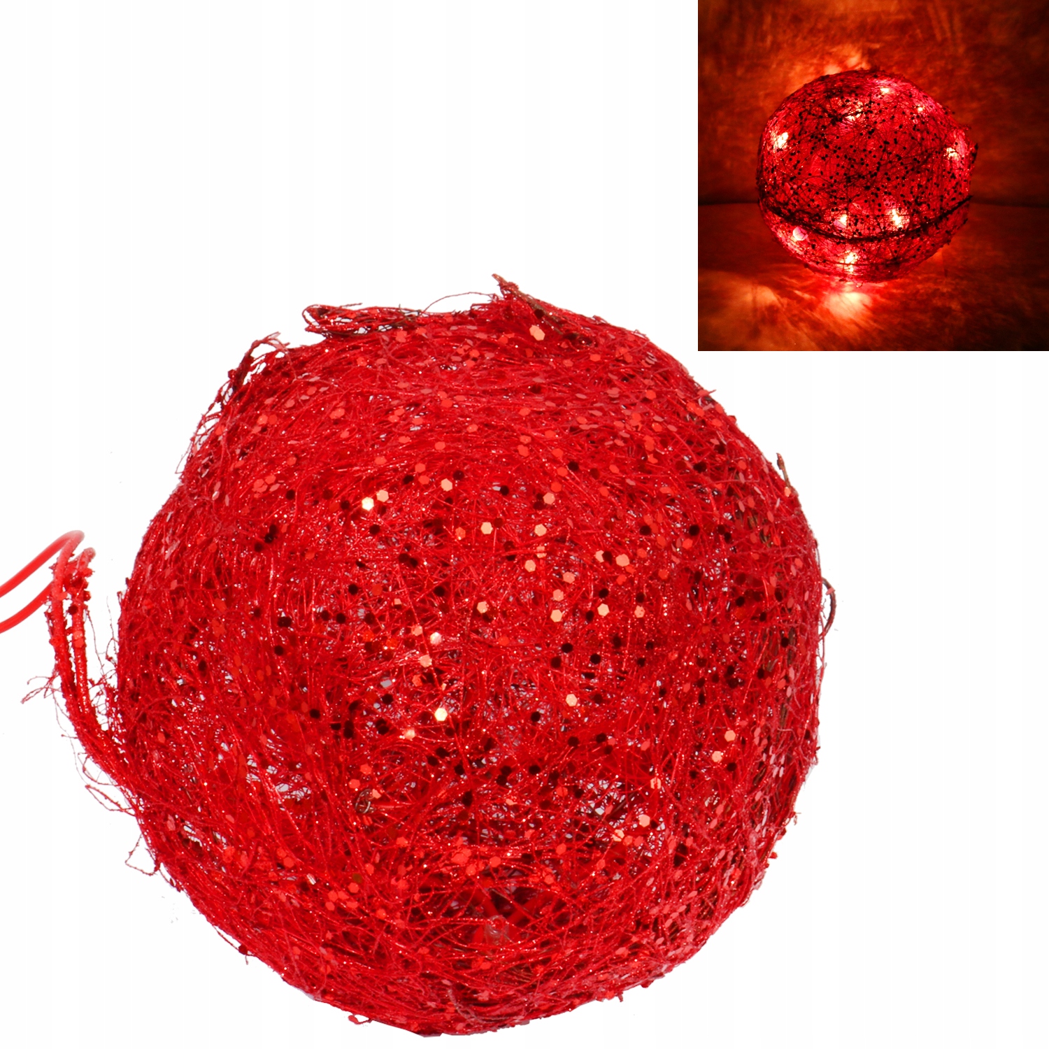 KULA ŚWIĄTECZNA ŚWIETLNA Z SIZALU CZERWONA 15 CM