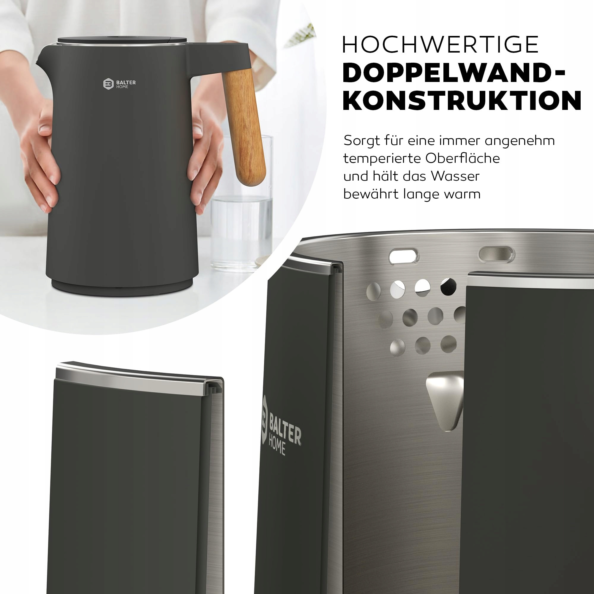 BALTER Czajnik Elektryczny Stalowy 1.5L 2200W Temperatury Bezprzewodowy — miniatura 3