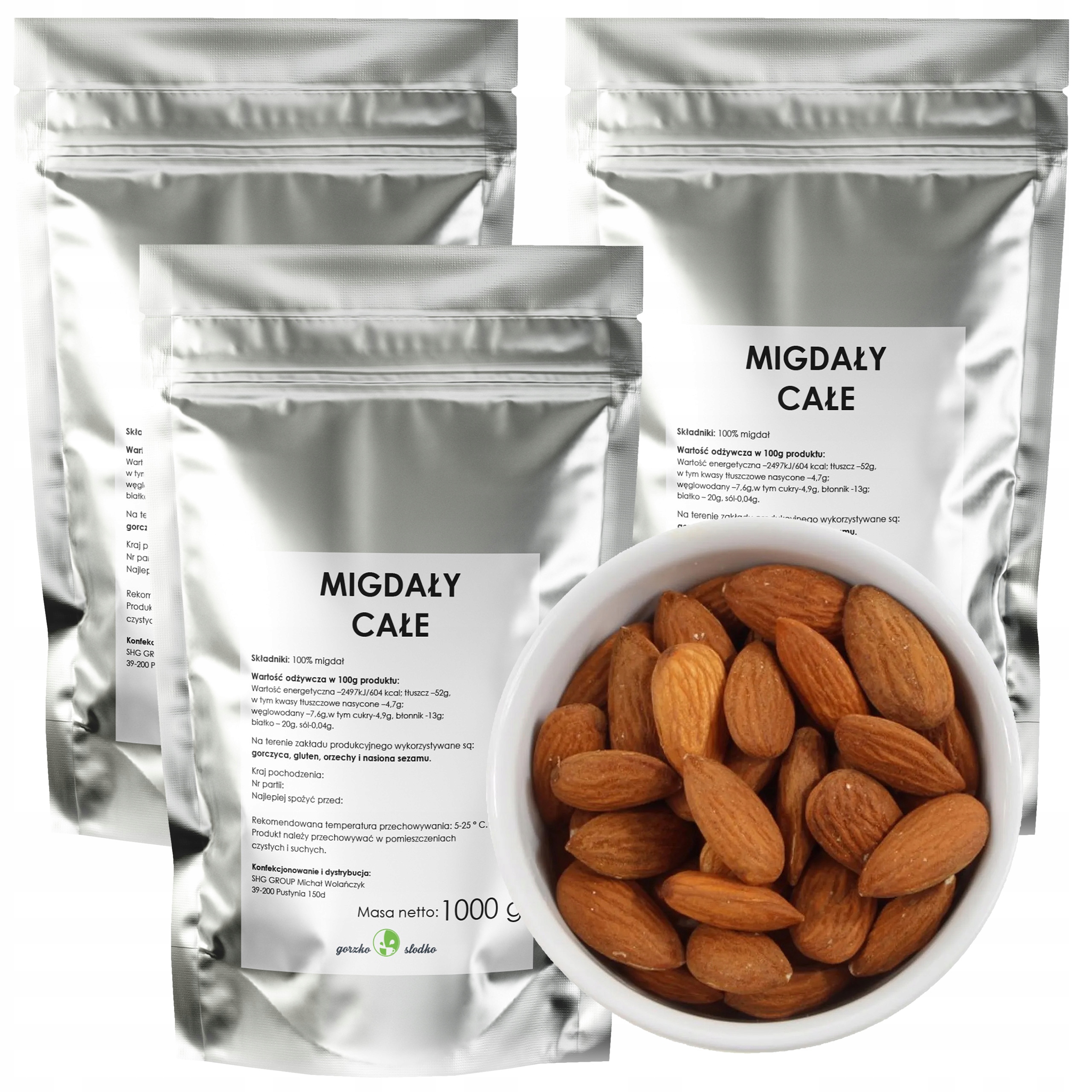 Migdały kalifornijskie 3 kg Całe naturalne bez soli cukru Gorzko Słodko