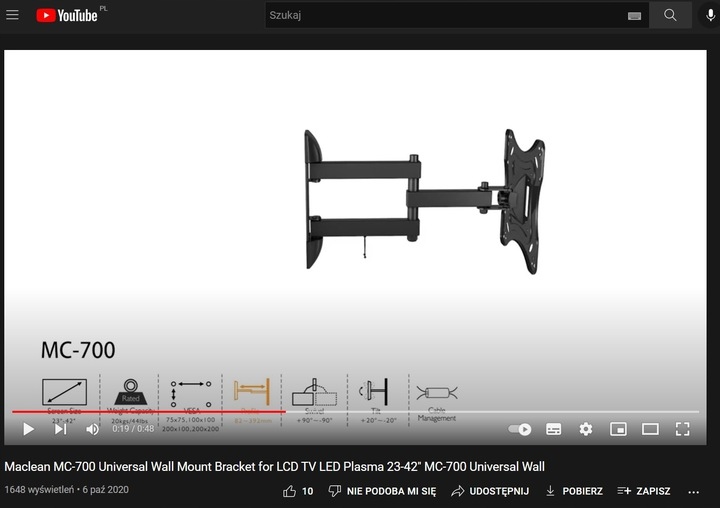 UCHWYT WIESZAK TV TELEWIZORA MONITORA LCD LED VESA Model MC-700