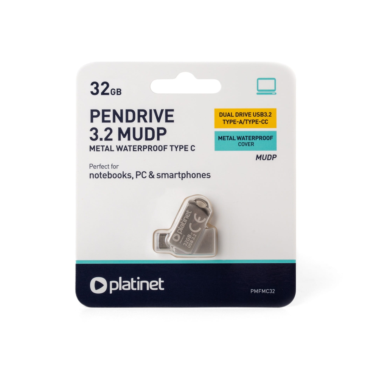 Platinet 2 az 1-ben Pendrive Usb-a 3.2 Usb-c 32GB Fém Vízálló Udp [45970]