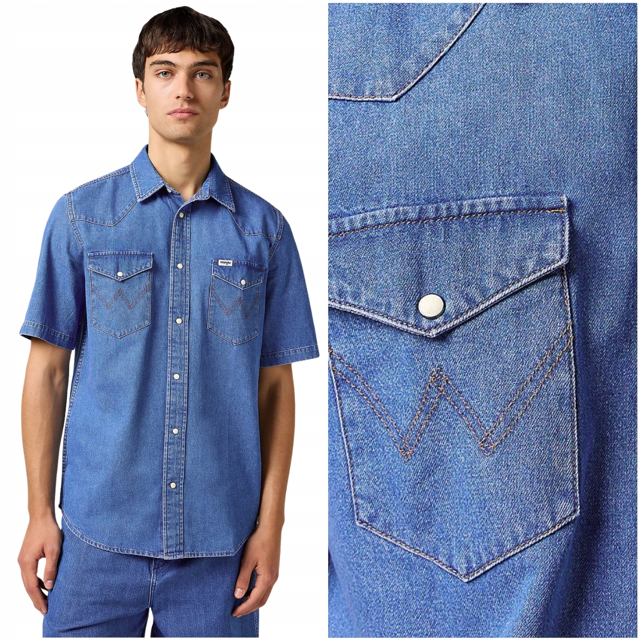 Wrangler Western Shirt Mid Wash pánská džínová košile s krátkým rukávem L