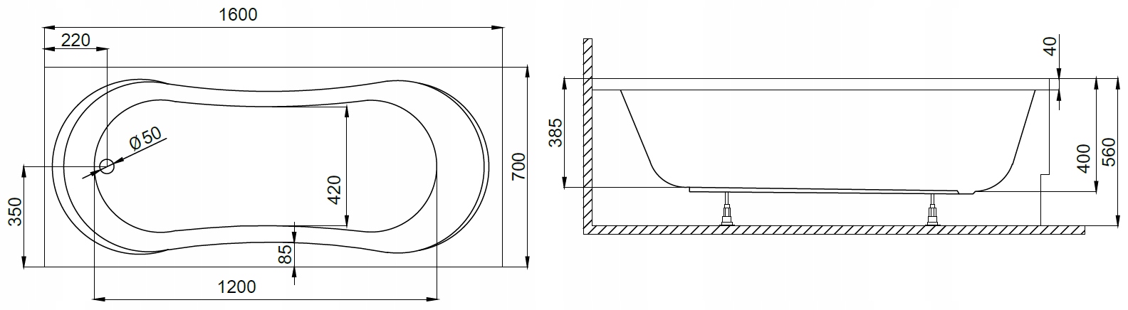 WANNA AKRYLOWA 160X70 POLSKI PRODUKT WYSOKA JAKOŚĆ Krótszy bok 70 cm