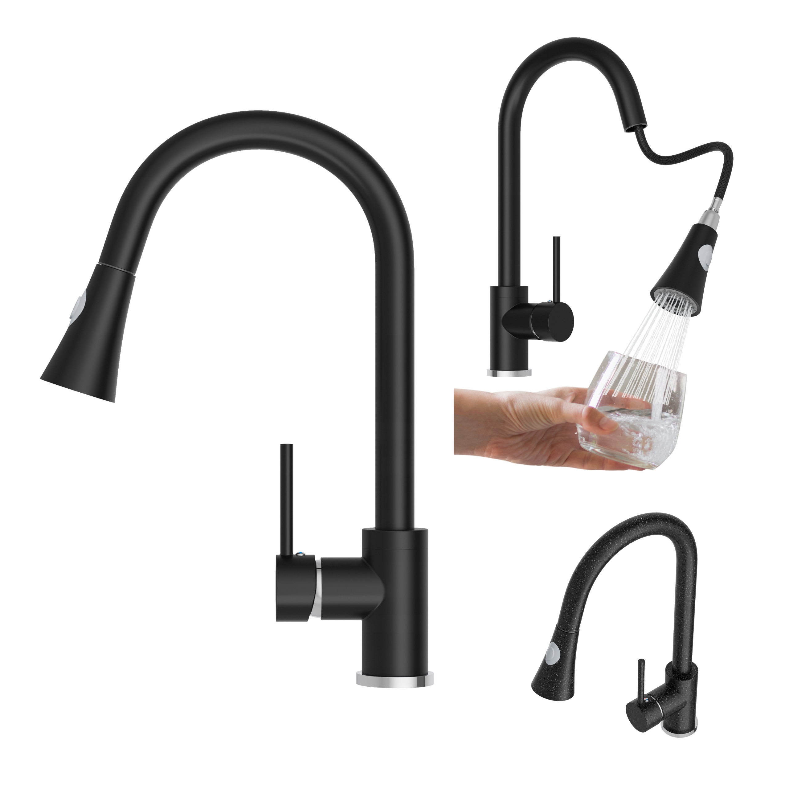 Kuchynská batéria Snake s Vyťahovacím výtokom, čierna, stojaca, Kuchynský Kohútik