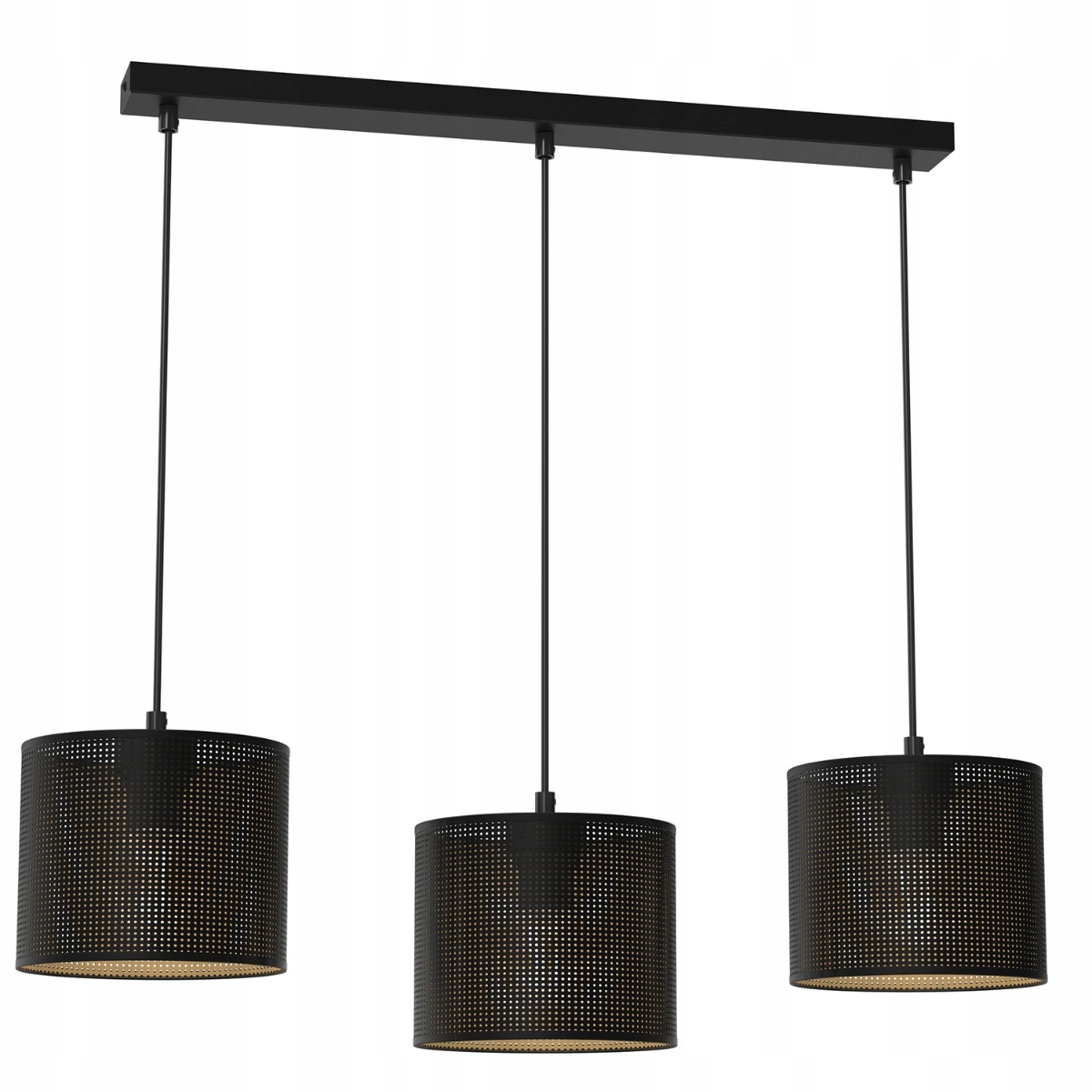 Závesná lampa čierna, zlatá lišta 75 cm, sieťka do jedálne, 3 body Luminex