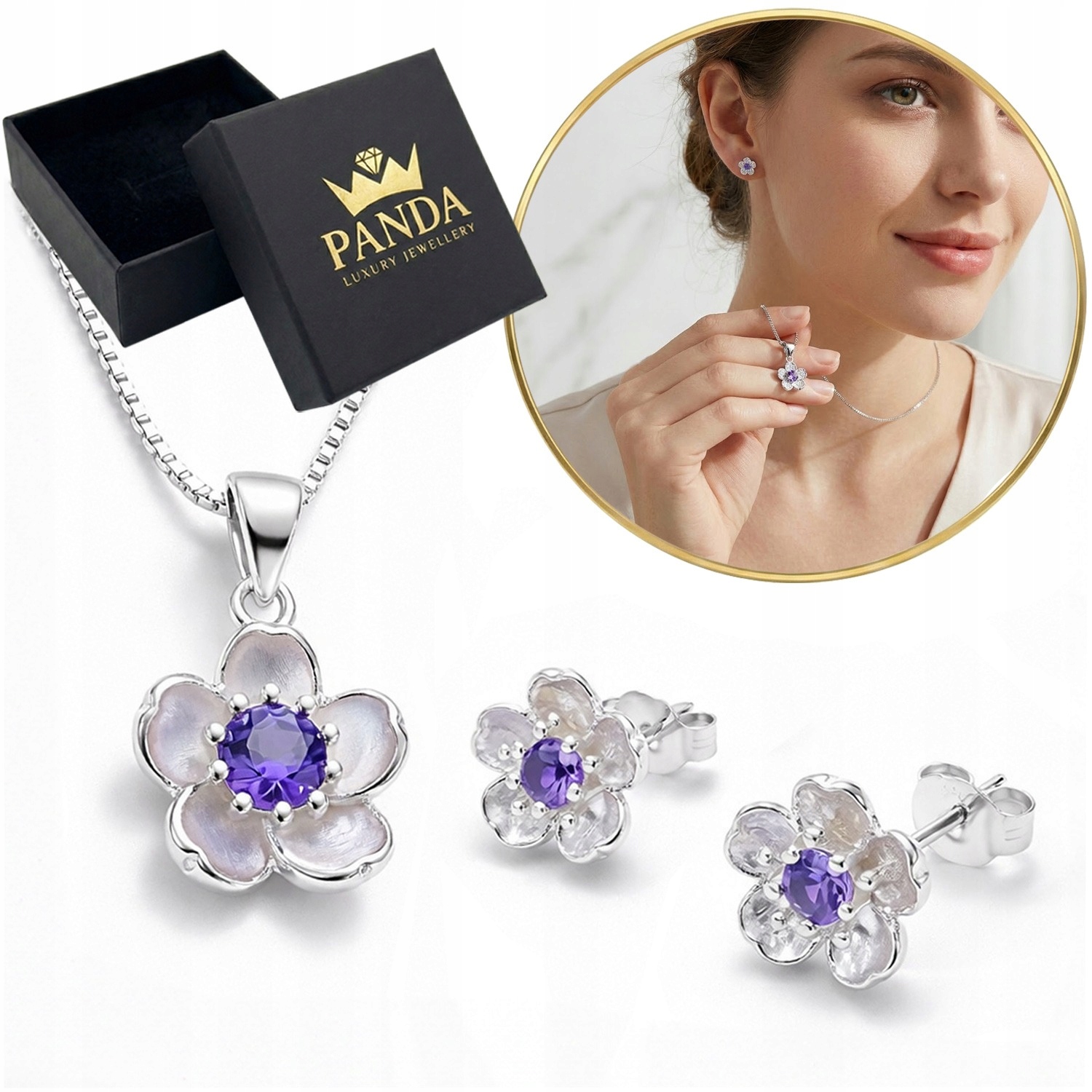 Stříbrný komplet šperků 925 Náhrdelník Náušnice Květiny Zirkon Dárek