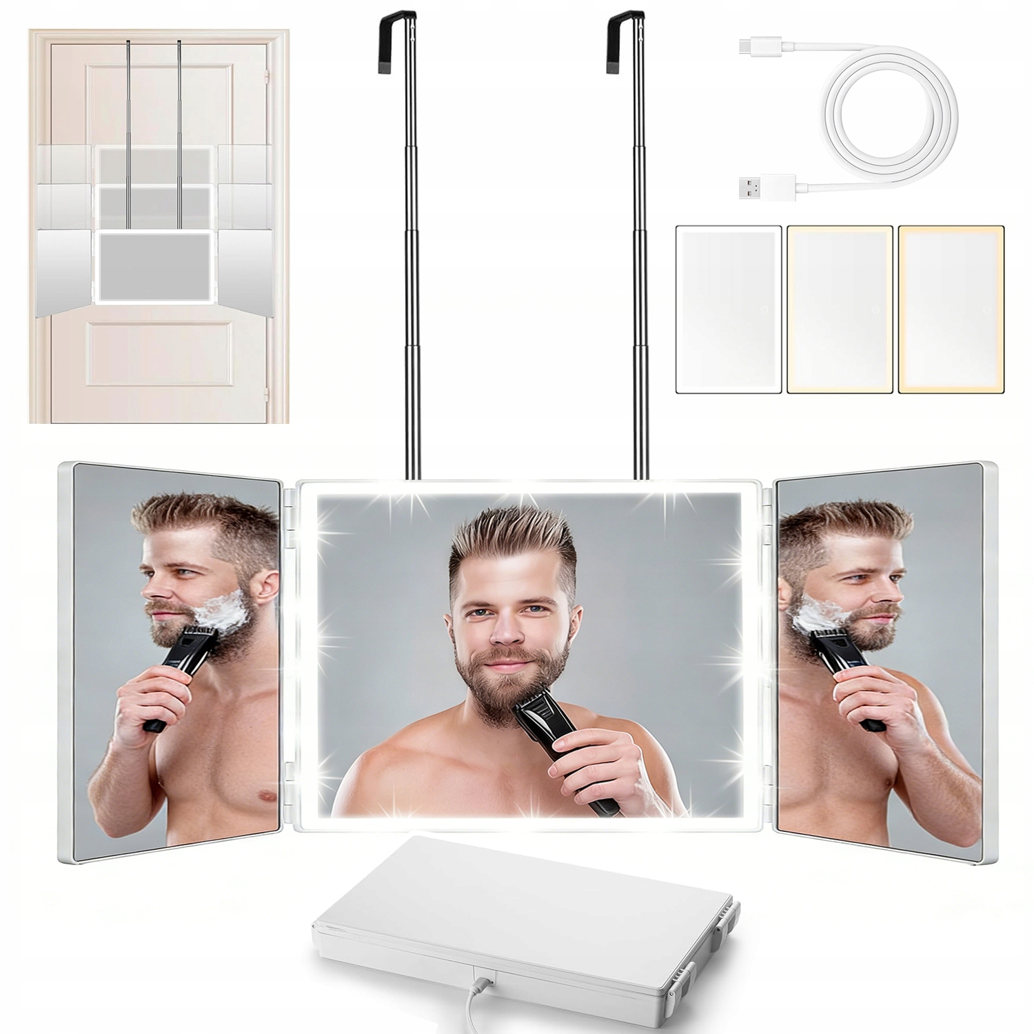 Závěsné Zrcadlo Třícestné S Led Světlem, Skládací