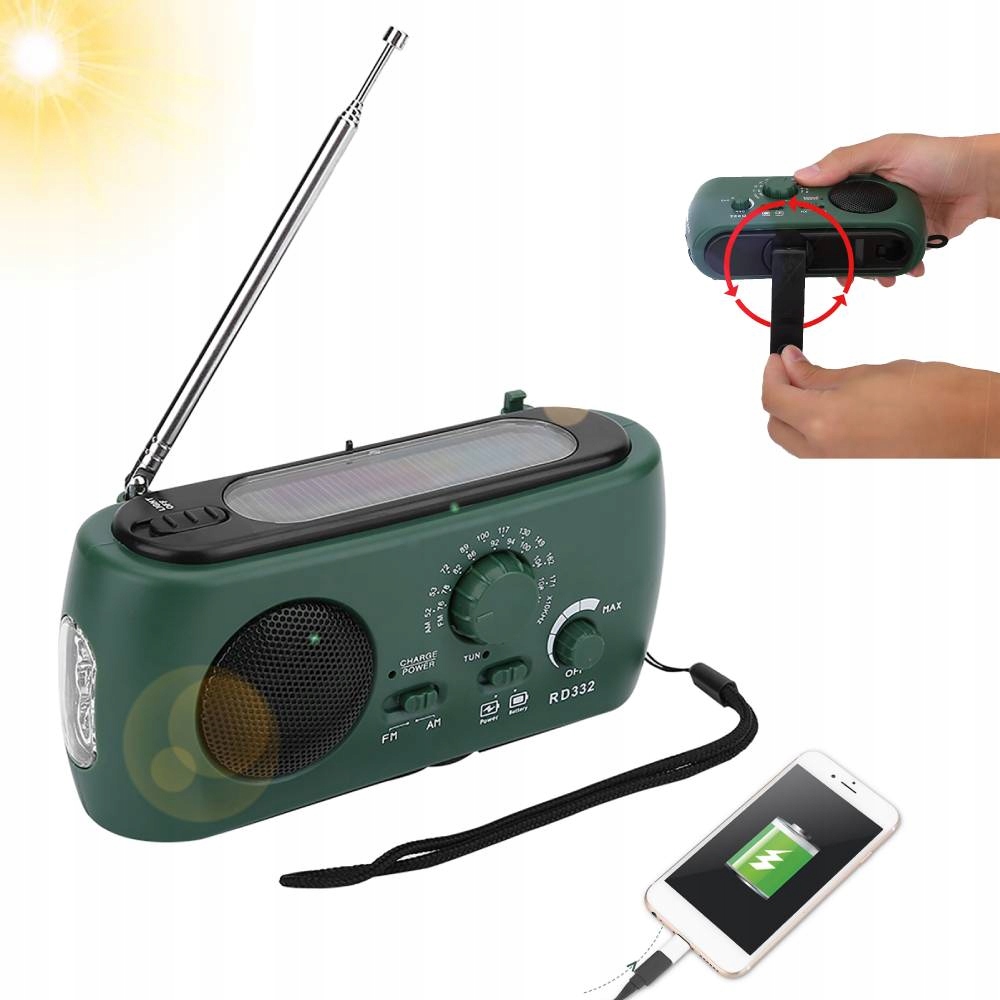 Stavební Solární Rádio Kempingové Am/fm Dynamo Svítilna Powerbanka Usb