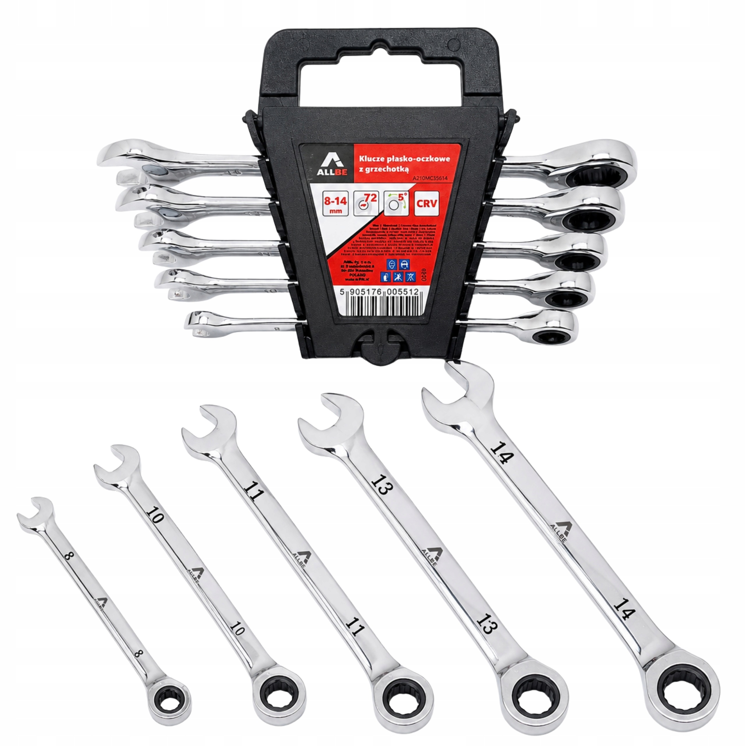 Klucze Płasko Oczkowe Z Grzechotką 8, 10, 11, 13, 14MM Zestaw Kluczy 5EL