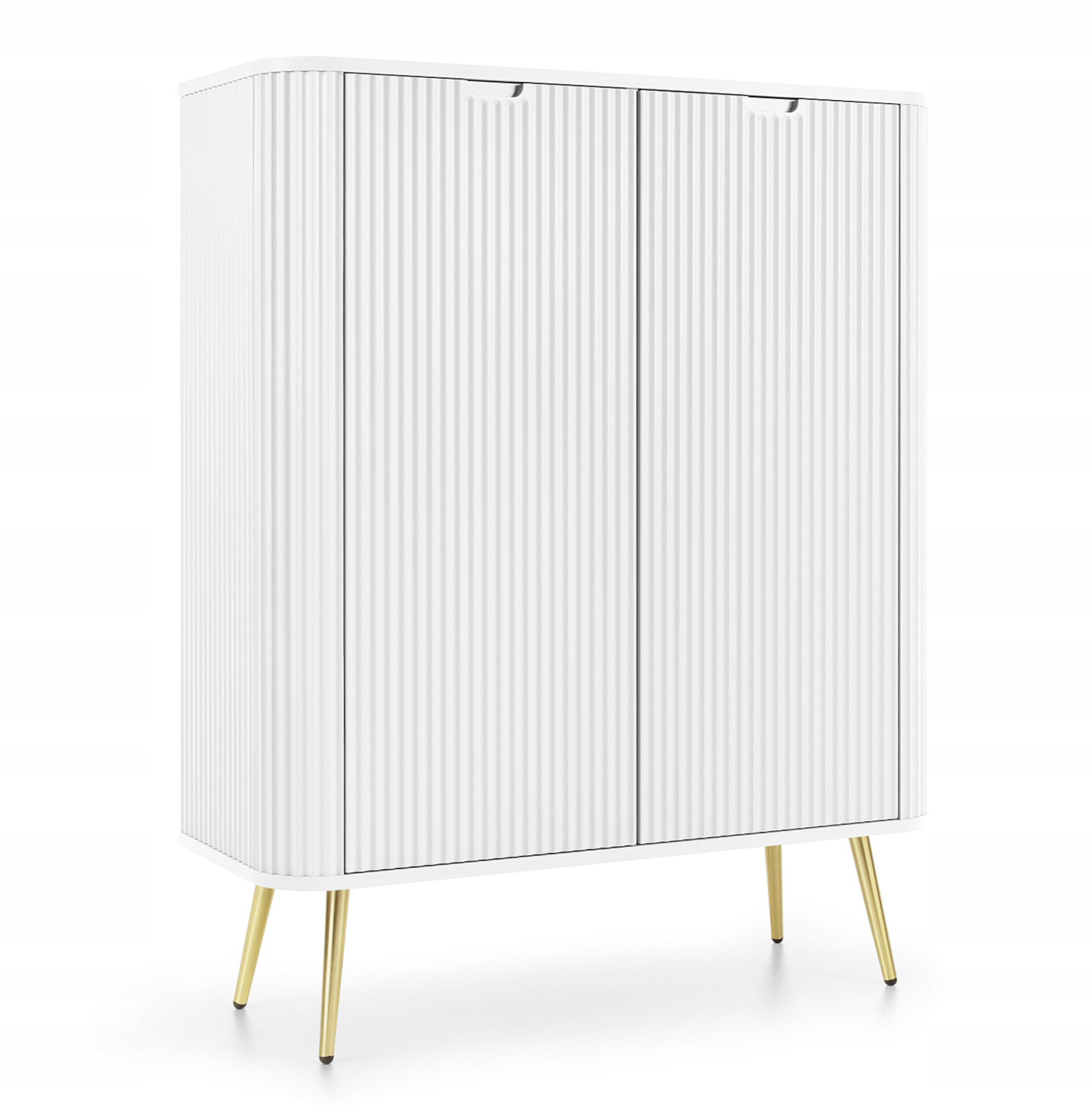 Vysoká komoda Zova dvoudveřová s lamelami 103 cm, bílé zlaté nohy