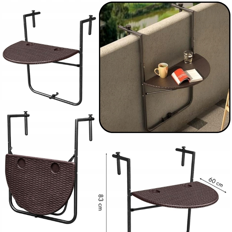 Stolik Balkonowy Zawieszany Składany Na Barierkę Poręcz Brązowy Regulowany