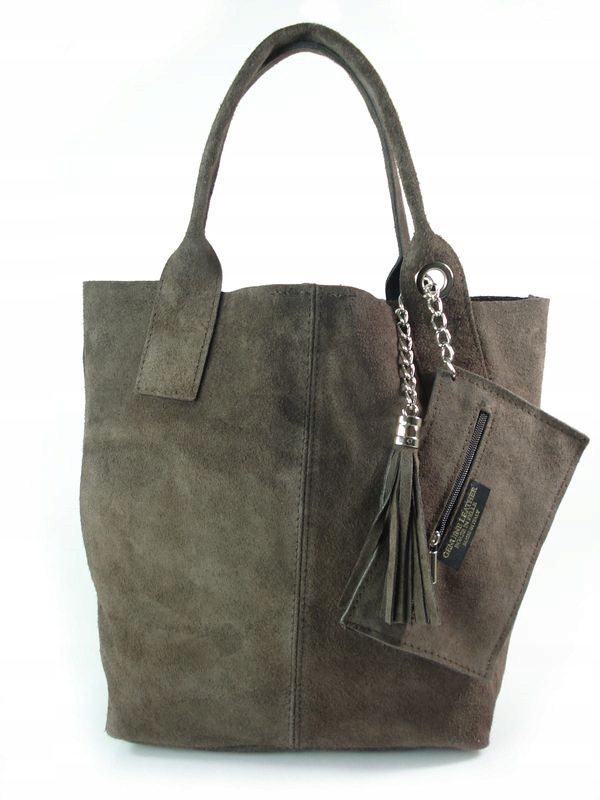 Objemná taška přes rameno A4 Shopper Semiš Italská kůže Vera Pelle Tmavě béžová