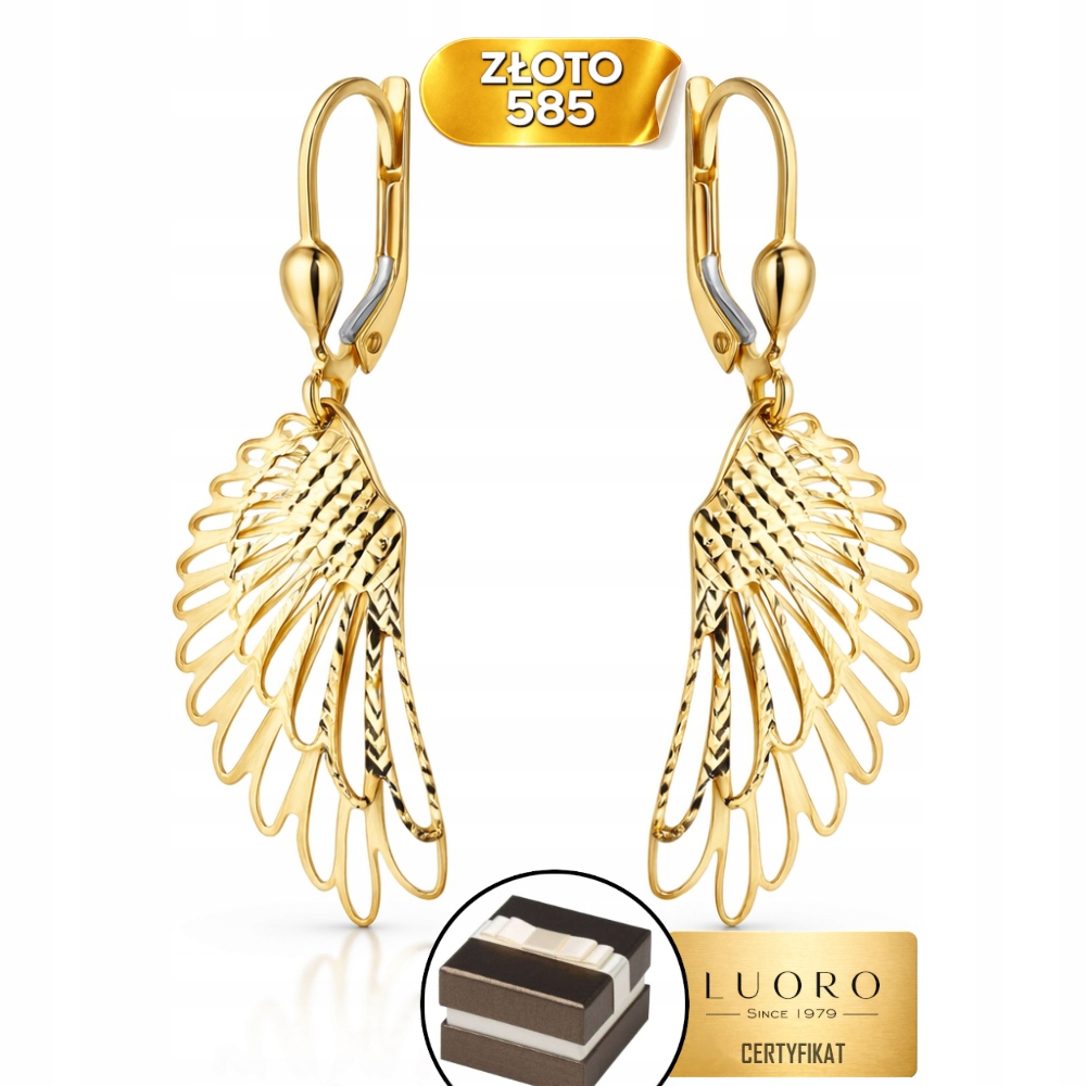 Náušnice Zlaté 585 14K Křídla Diamantové Anglické Zapínání 39 CM