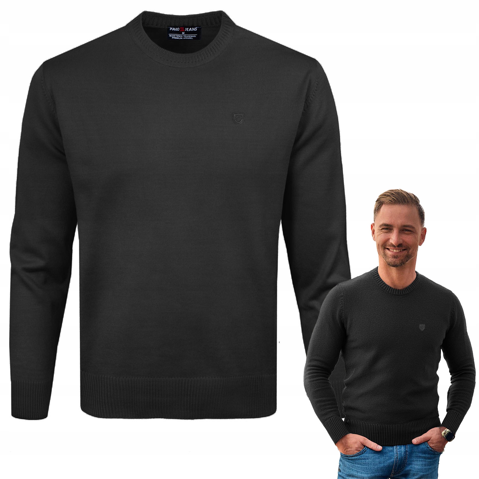 Sweter Męski Klasyczny Basic Gładki Czarny L Pako Jeans