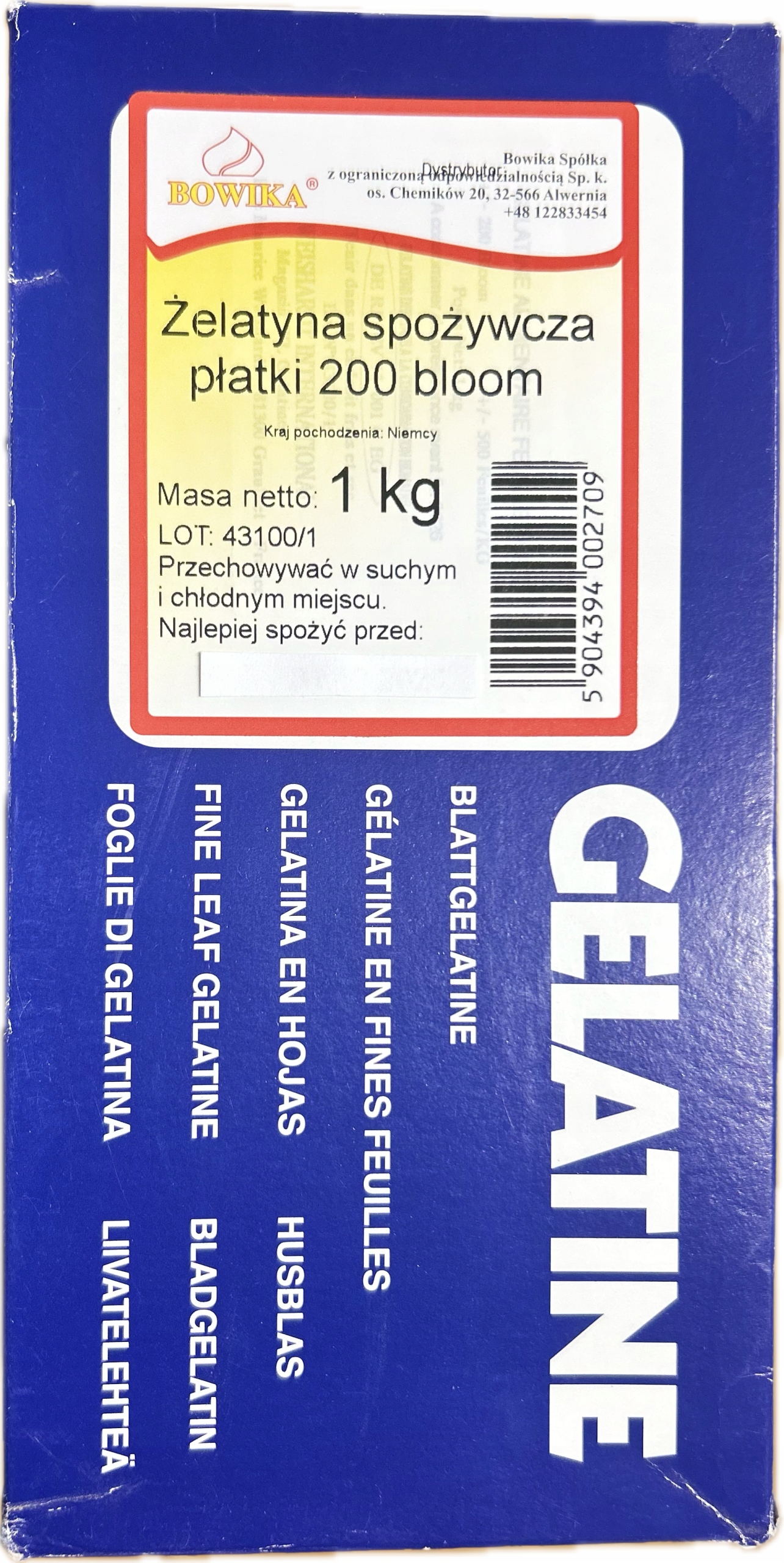 Żelatyna spożywcza w listkach Bloom 200 1kg Płatki Bowika