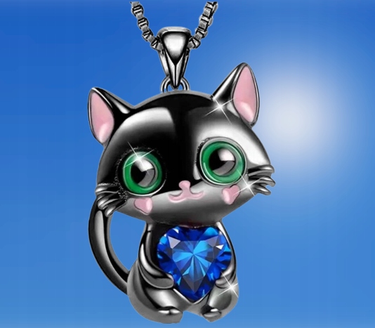 Naszyjnik Dziecięcy Kotek Kot Cyrkonie Łańcuszek Piękny Niebieskie Serce Materiał Inny