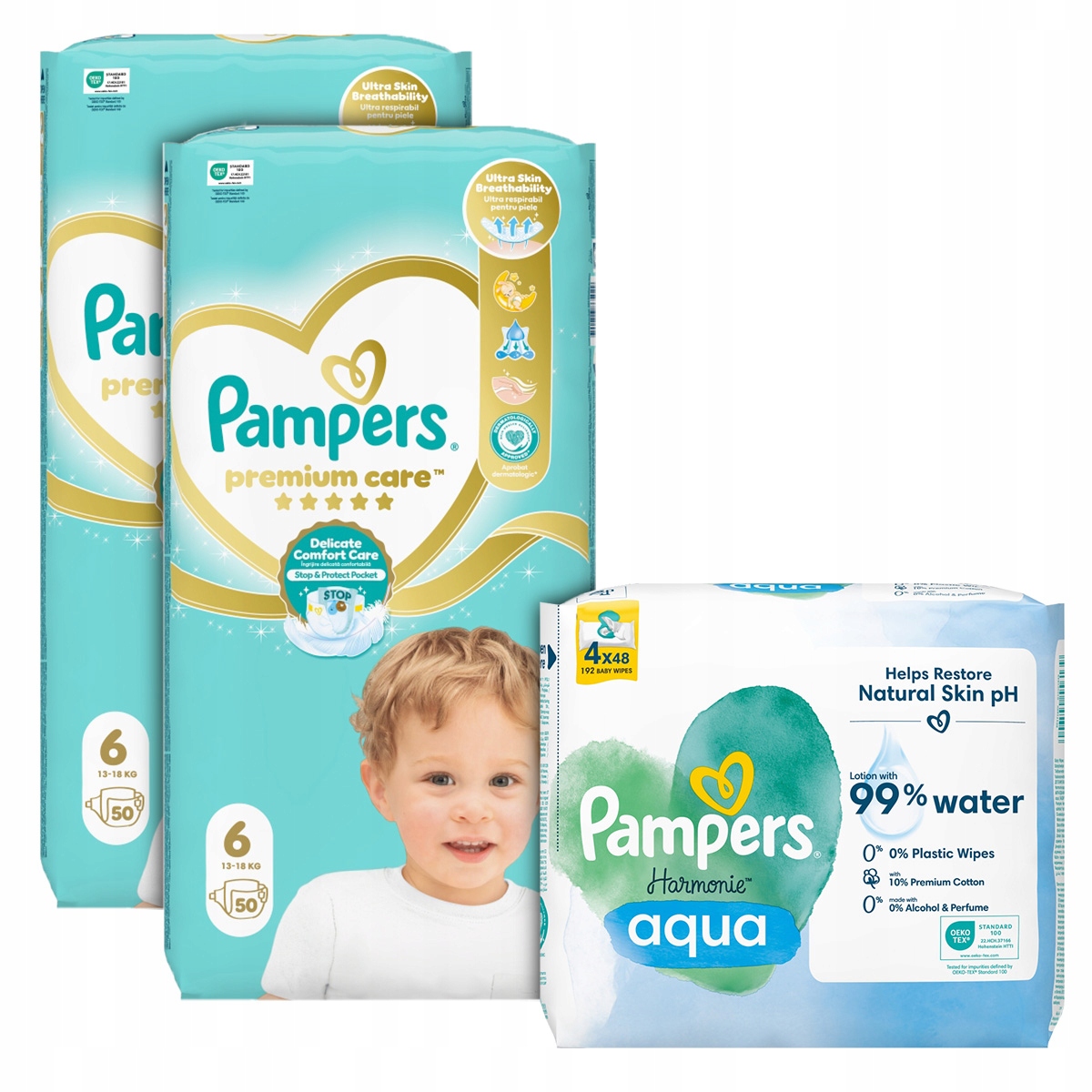 Zestaw Pampers Premium Care rozmiar 6, 2x50 szt. Chusteczki Aqua 192 szt.