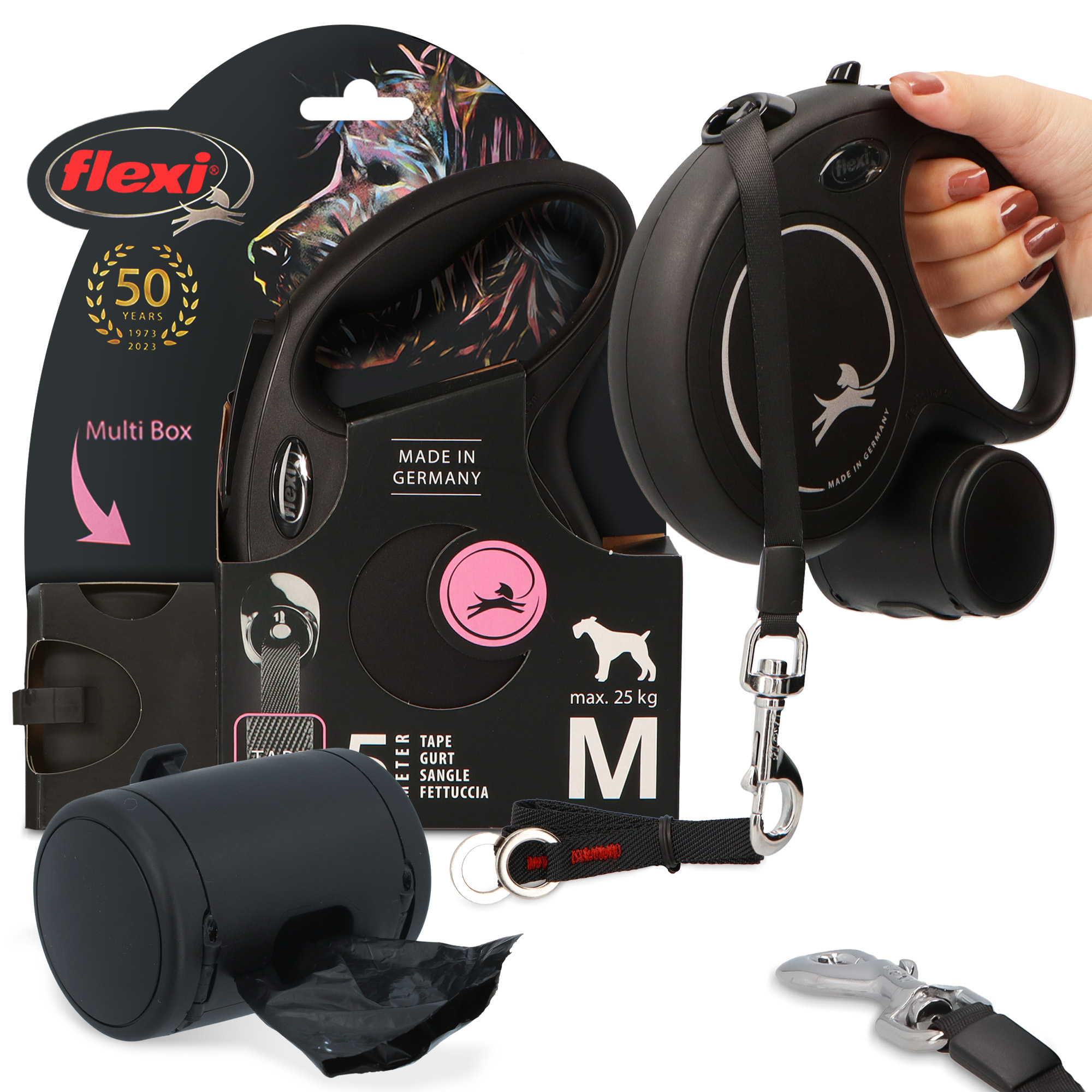 Levně Vodítko Flexi Automatické Psa 5m Páska Nádoba Multi Box Sáčky Pochoutky