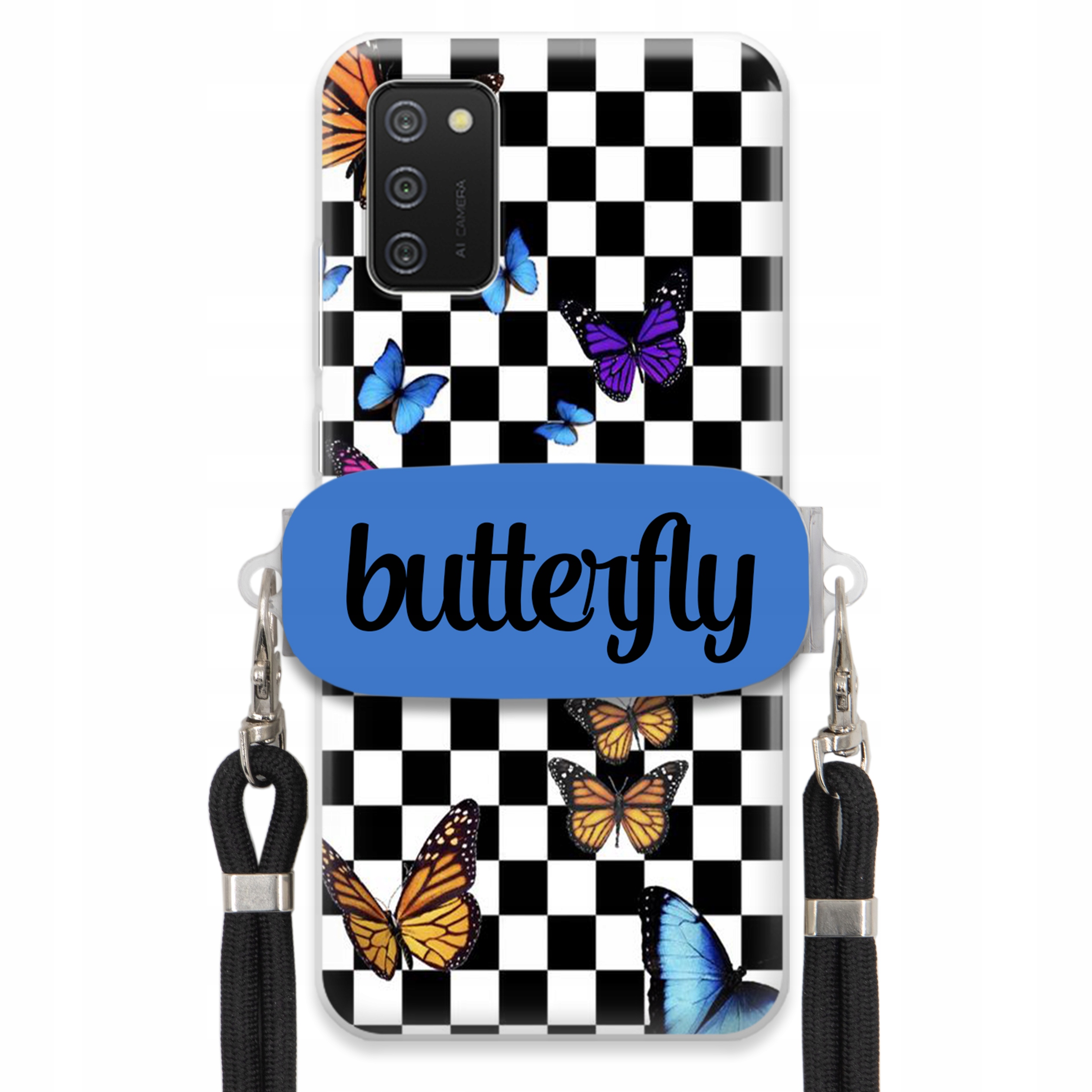Puzdro Na Samsung A02S Case, Obdĺžnikový Držiak, Čierne Vodítko, Butterfly, Motýle