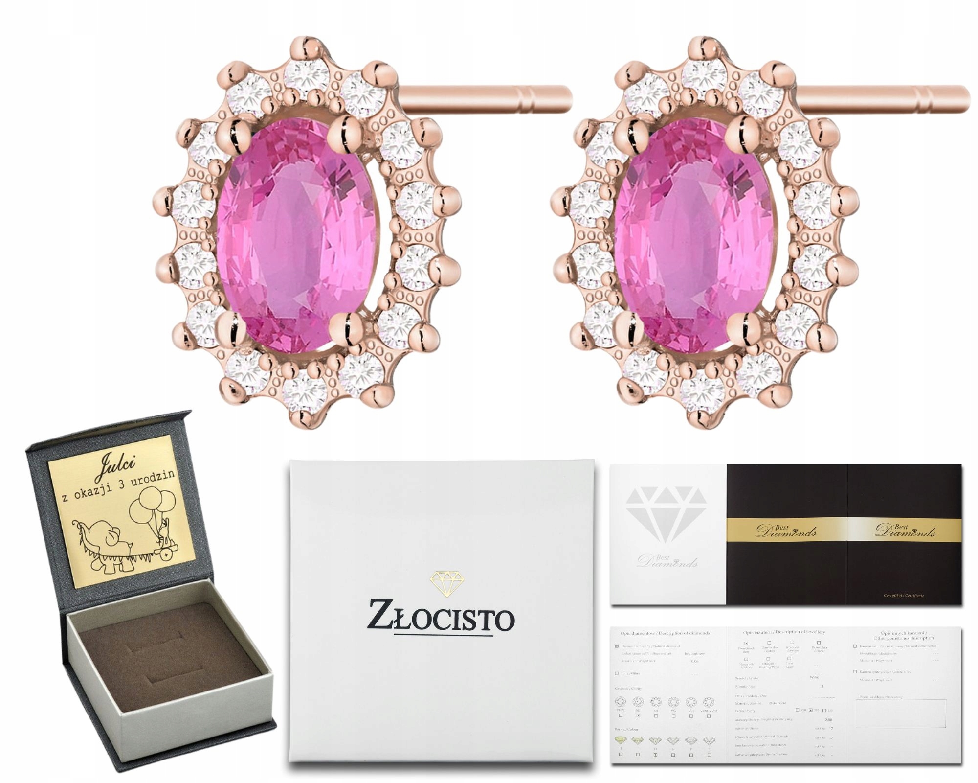 Růžové Zlato Náušnice S Růžovými Safíry, Diamanty, Zlato 585