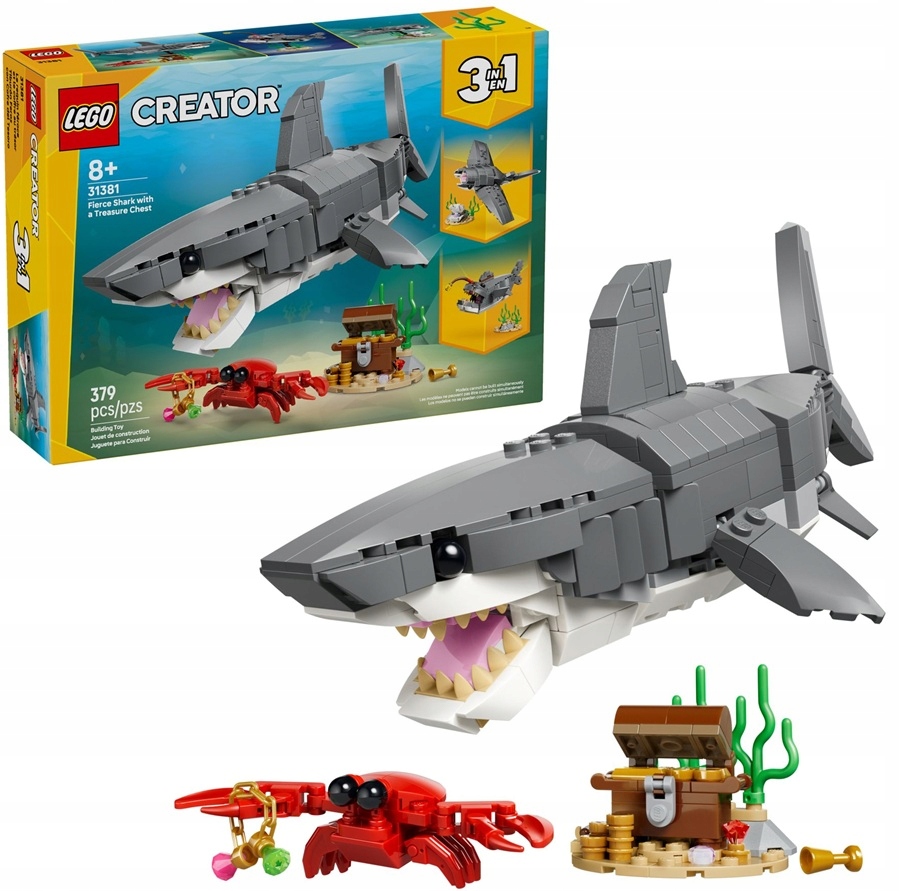 379 dílků stavebnice Lego Creator Hrozivý žralok a truhla s pokladem 31381