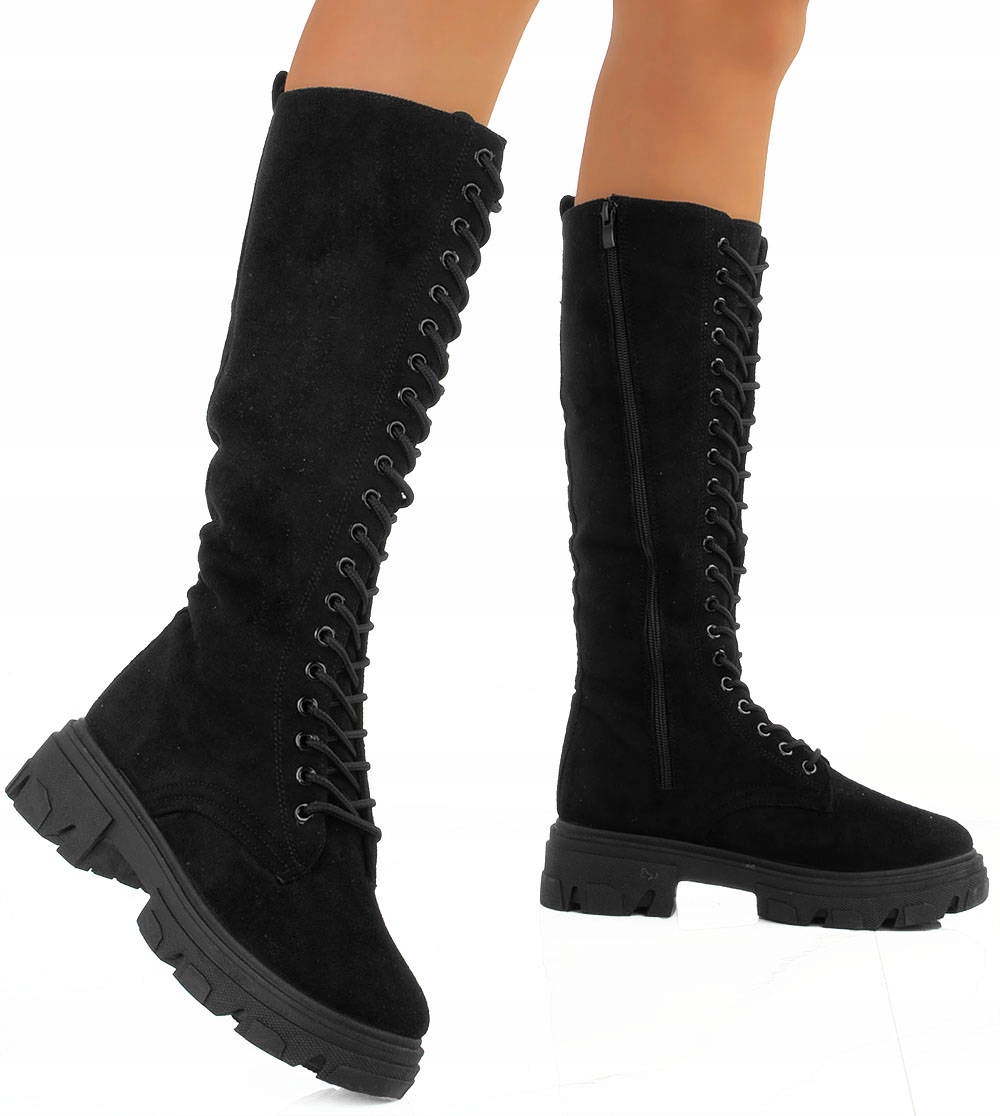 

Wysokie Czarne Botki Glany Zamszowe 38