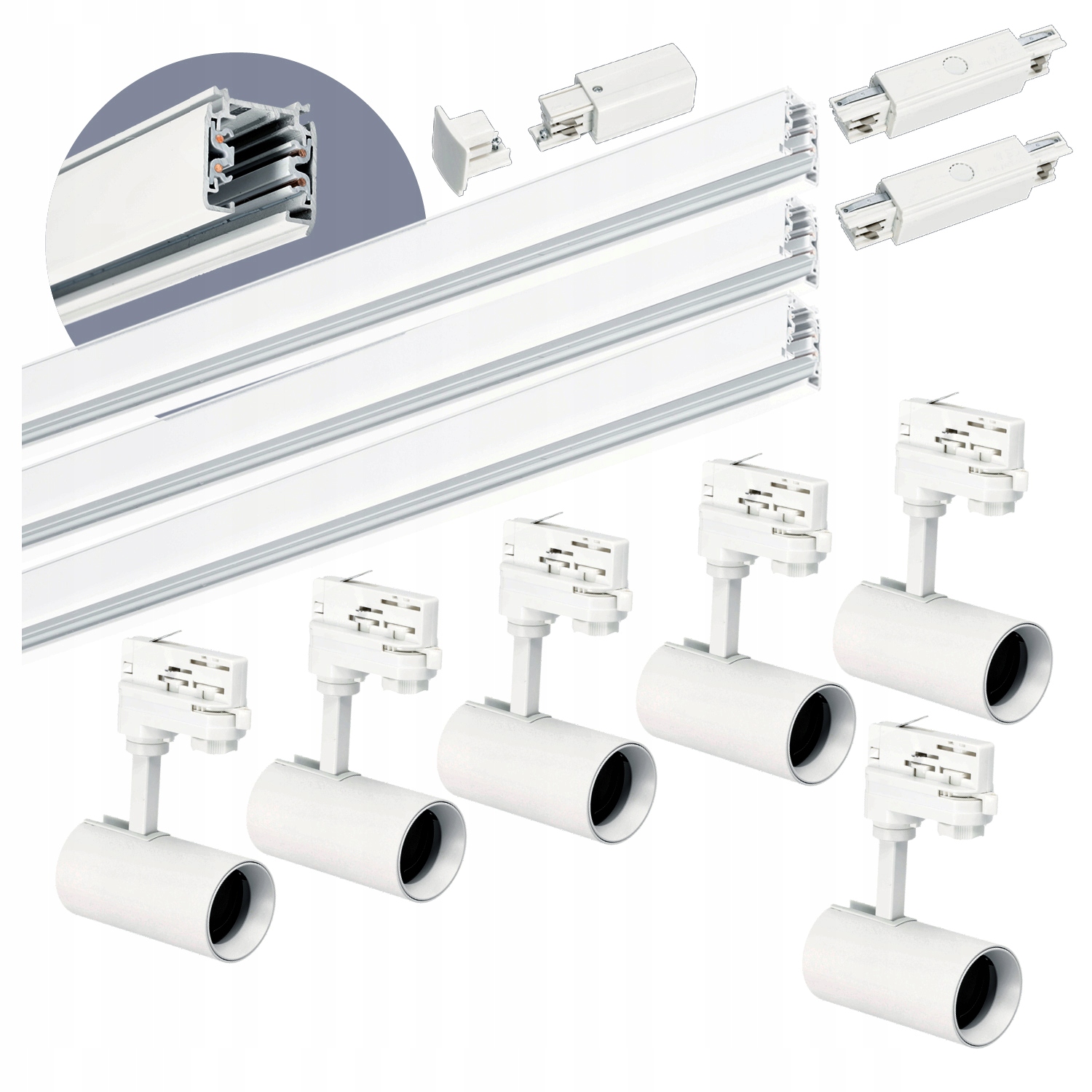 3-fázové kolejnicové osvětlení, kolejnice 1m+1m+1m, 6x Přímá spojovací lampa Bílá