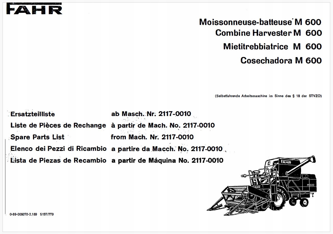 Katalog części kombajn Deutz Fahr M 600
