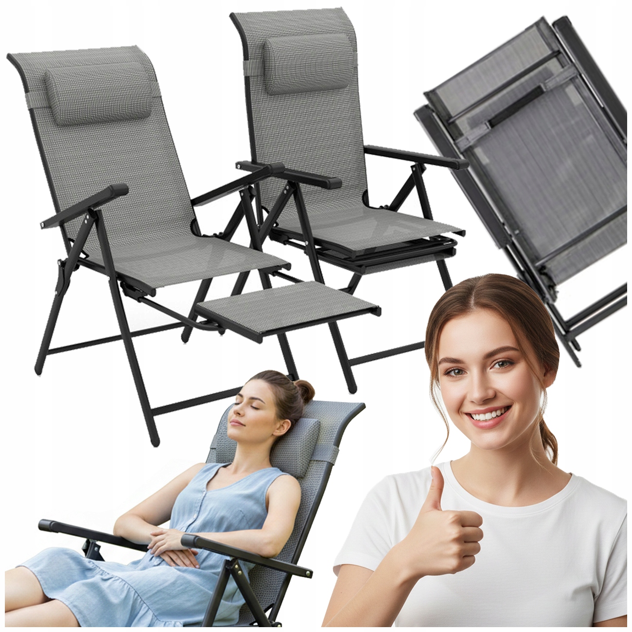 Rozkladacie záhradné stoličky s ležadlami 10 stupňov, nastaviteľná podnožka, 2 ks